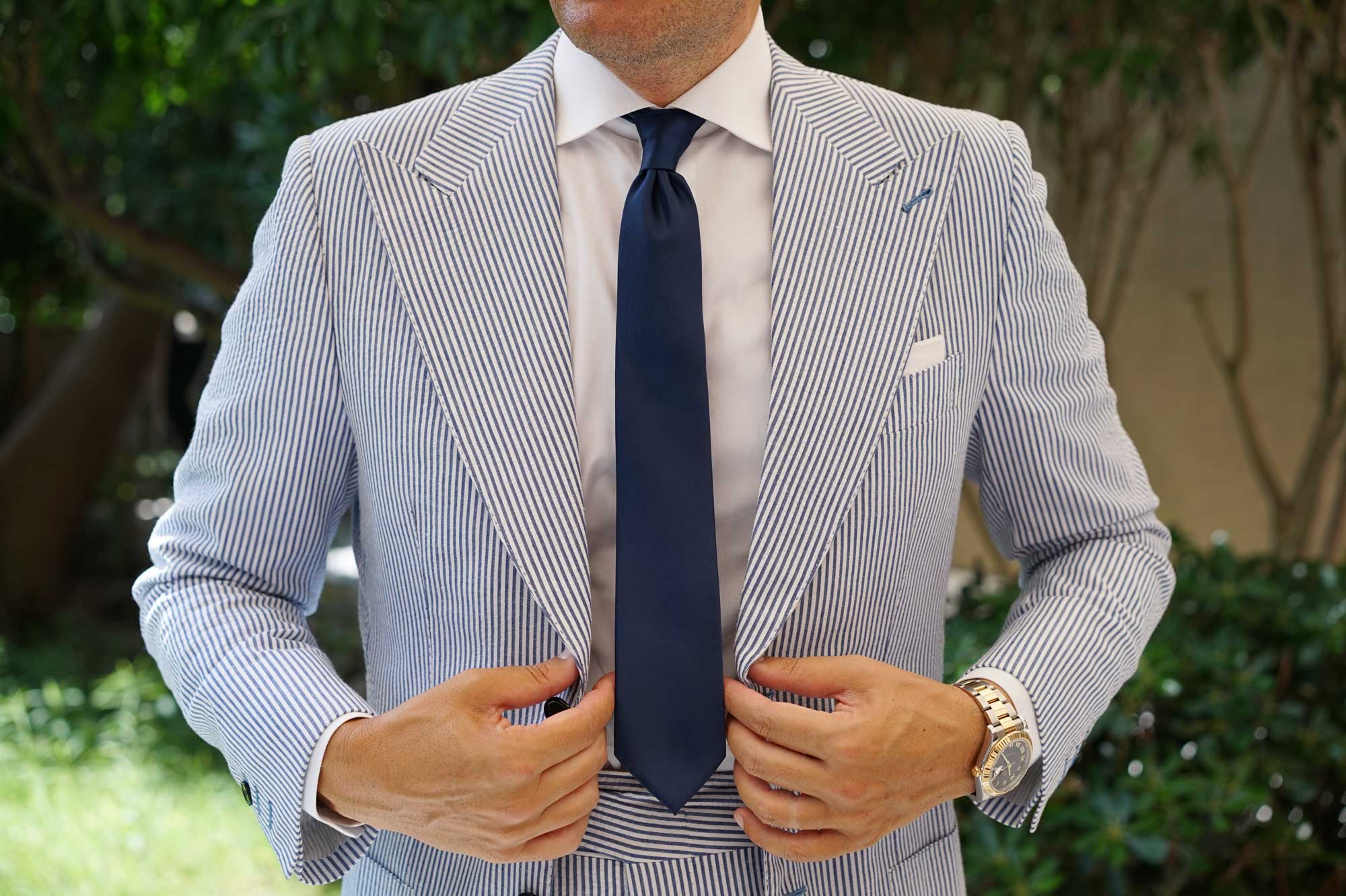 Admiral Navy Blue Satin Skinny Tie - Image 6