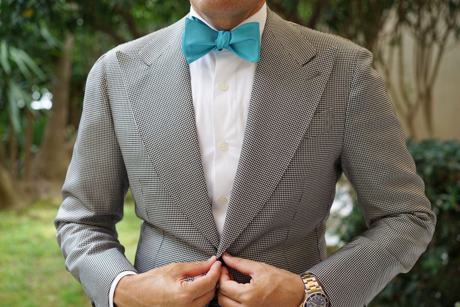 Aqua Blue Malibu Weave Self Bow Tie - Image 4