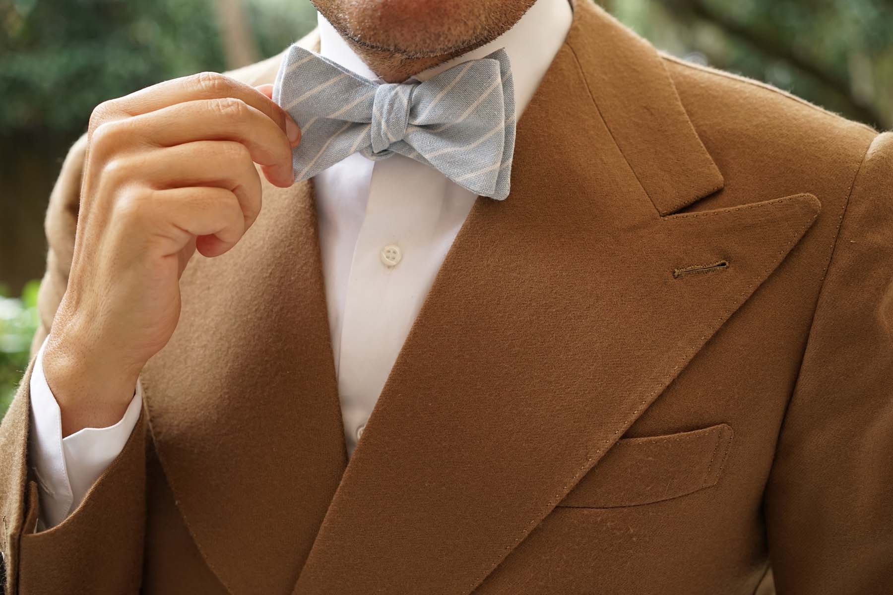 Baby Blue Wide Pinstripe Linen Self Bow Tie - Image 10