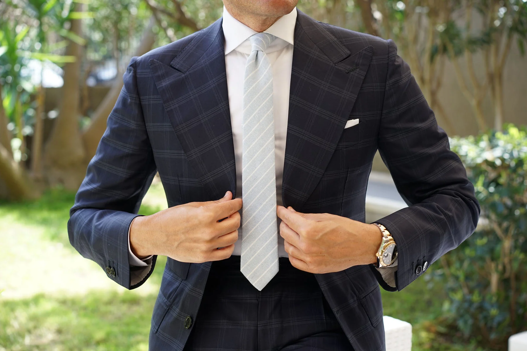 Baby Blue Wide Pinstripe Linen Skinny Tie - Image 4