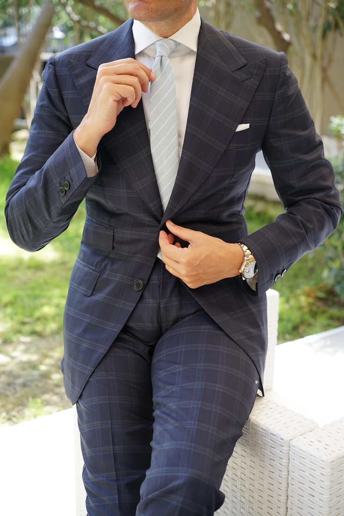 Baby Blue Wide Pinstripe Linen Skinny Tie - Image 9
