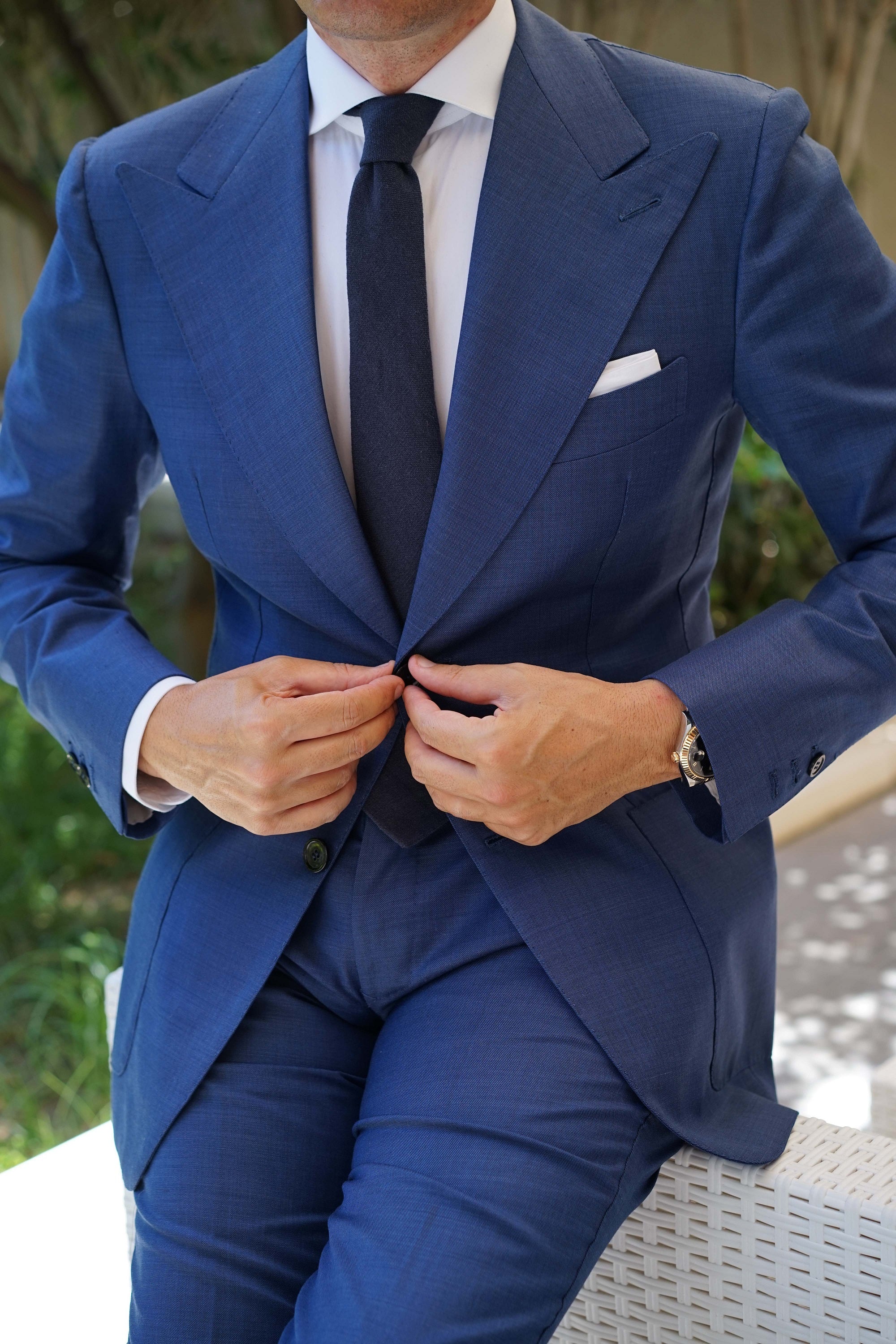 Baltic Sea Midnight Blue Linen Skinny Tie - Image 7