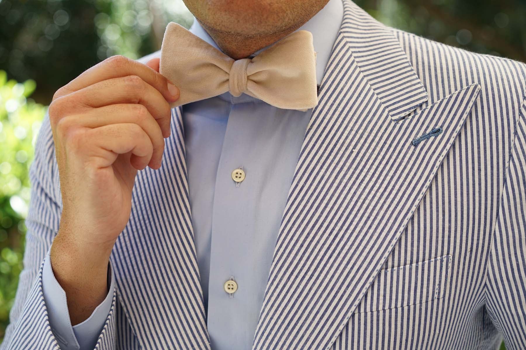 Beige Velvet Self Bow Tie - Image 6