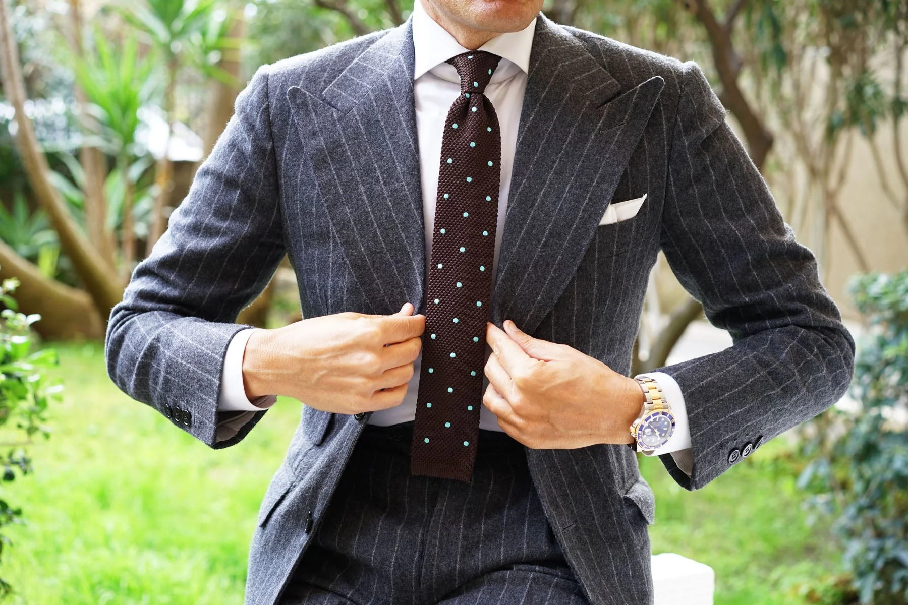 Bistre Brown with Powder Blue Polkadot Knitted Tie - Image 3