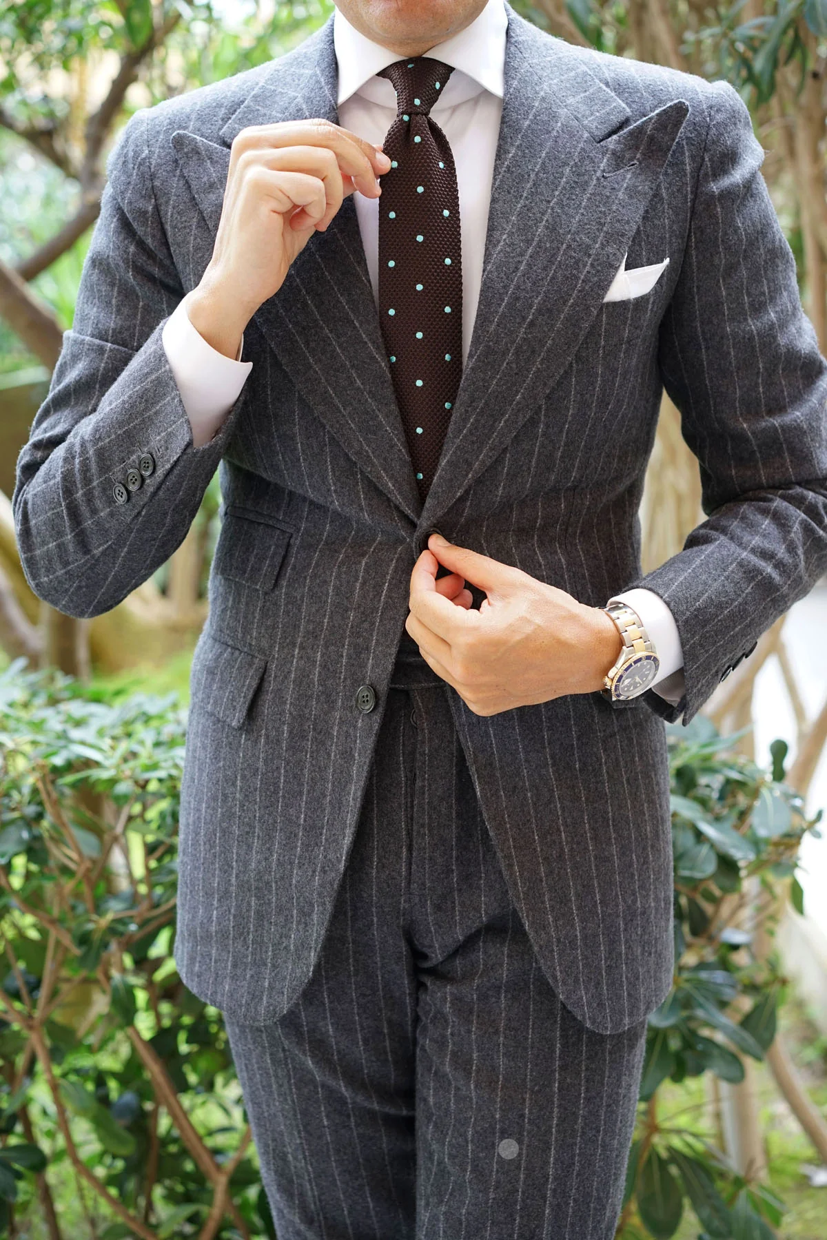Bistre Brown with Powder Blue Polkadot Knitted Tie - Image 4