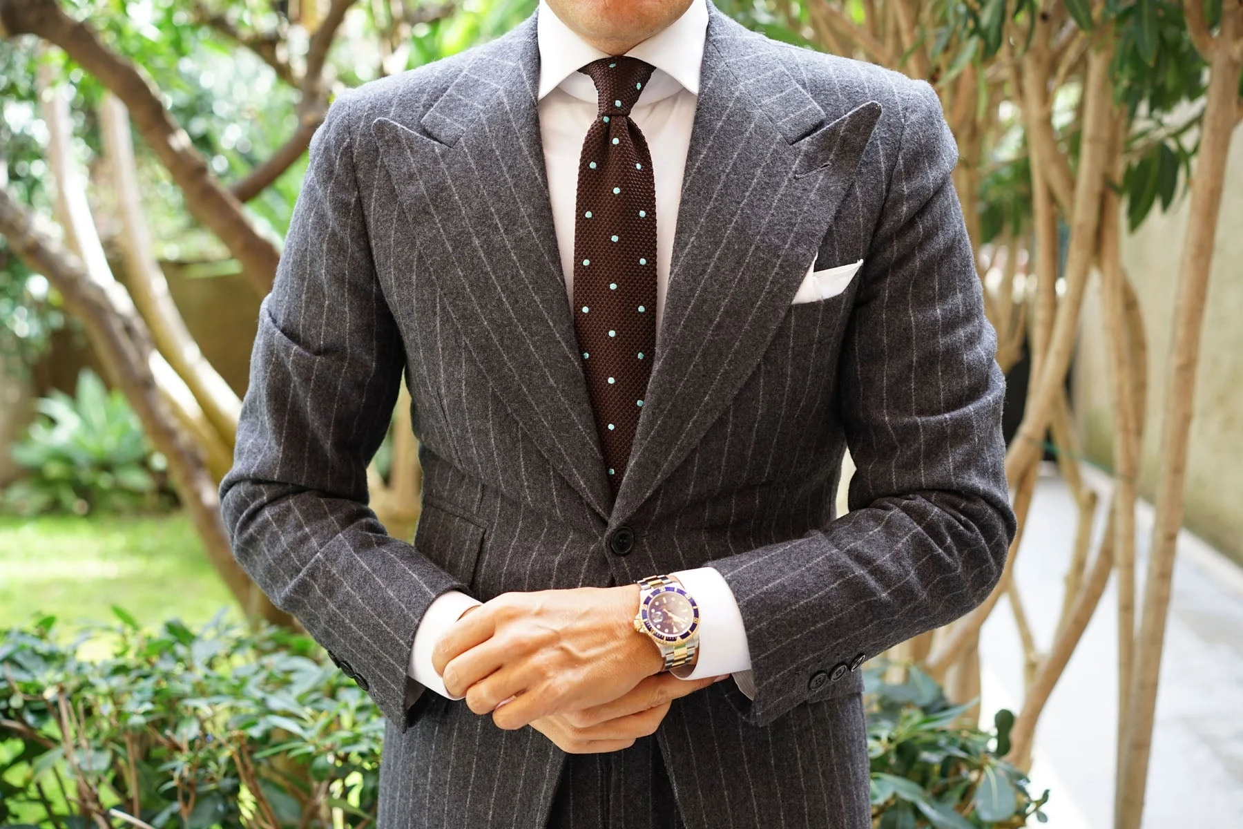 Bistre Brown with Powder Blue Polkadot Knitted Tie - Image 5