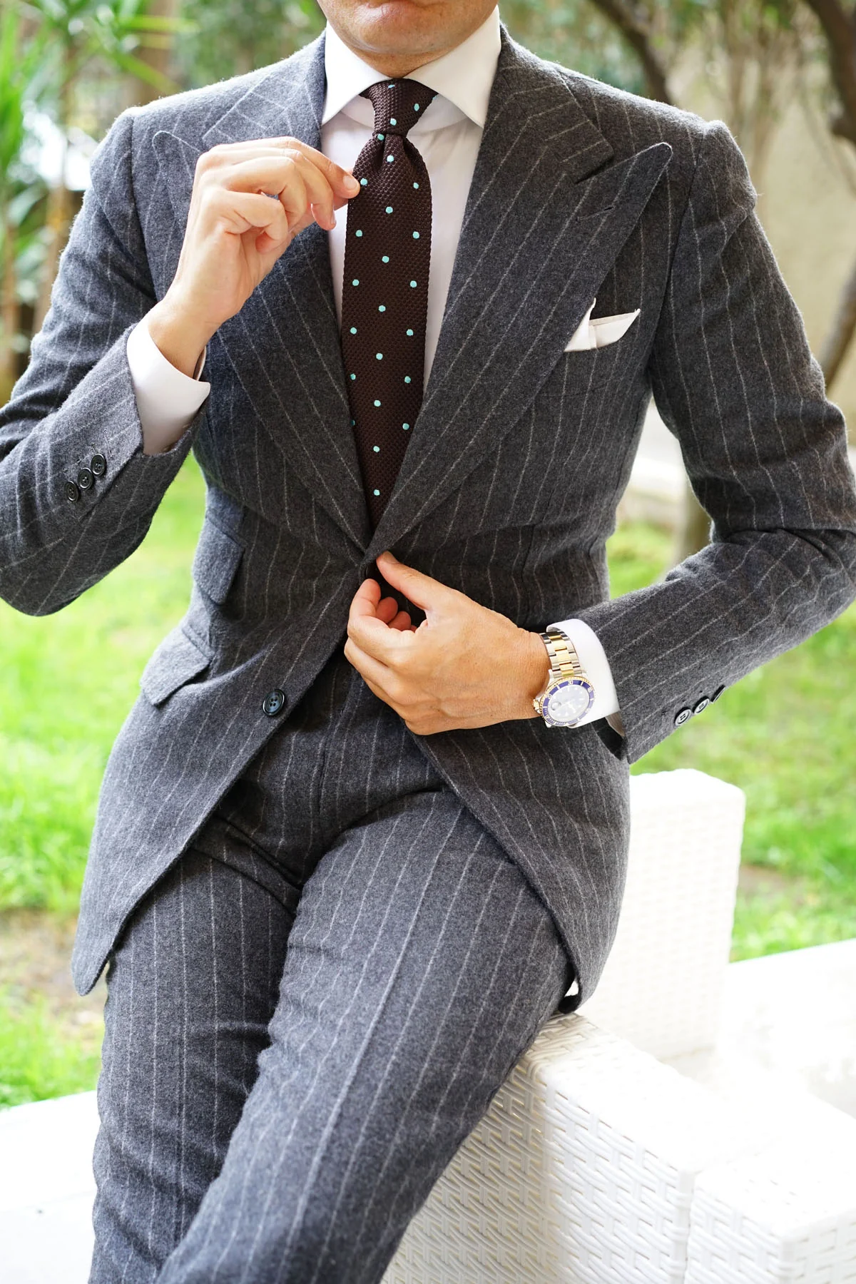 Bistre Brown with Powder Blue Polkadot Knitted Tie - Image 6