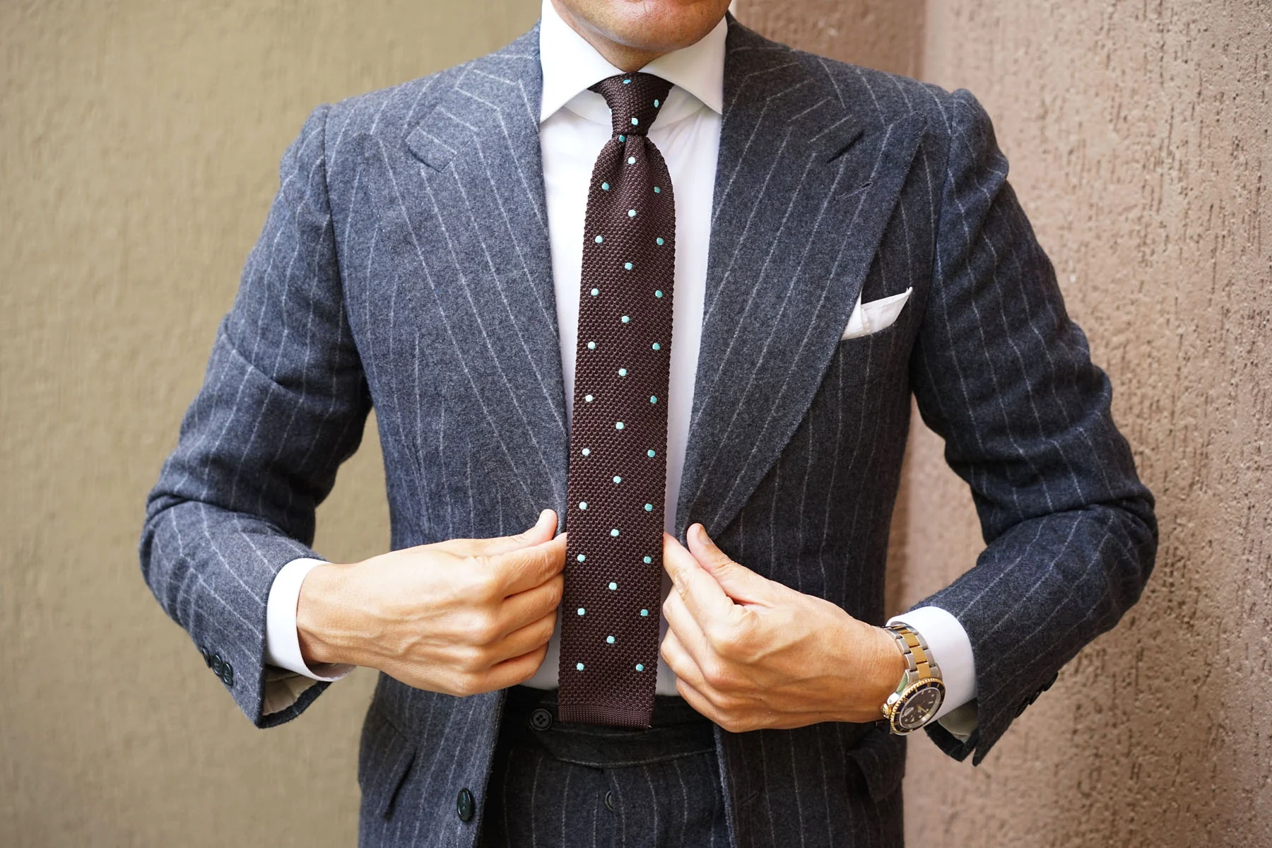 Bistre Brown with Powder Blue Polkadot Knitted Tie - Image 7