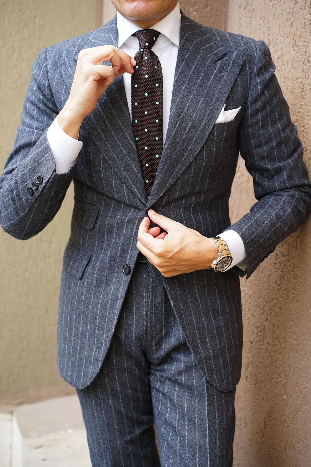Bistre Brown with Powder Blue Polkadot Knitted Tie - Image 8