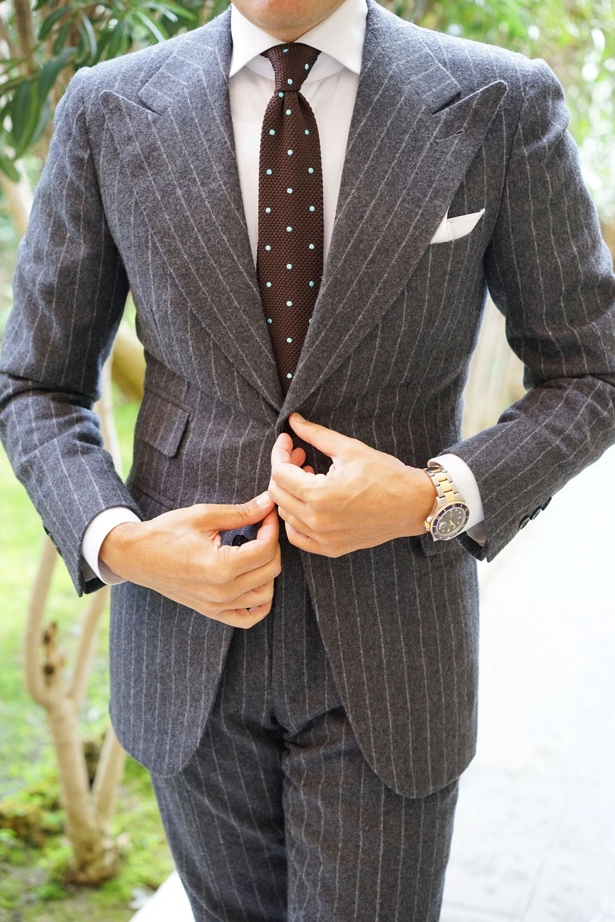 Bistre Brown with Powder Blue Polkadot Knitted Tie - Image 9