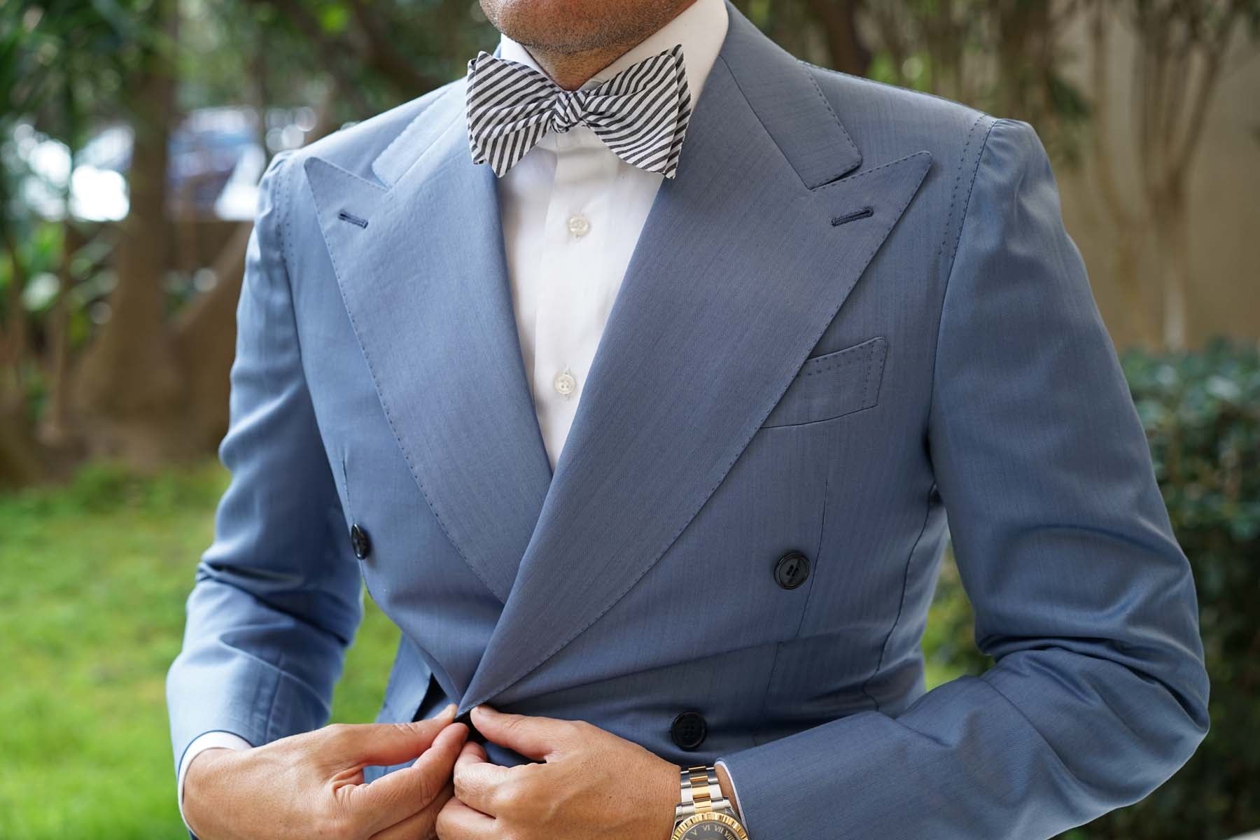 Black and White Chalk Stripes Cotton Self Tie Bow Tie - Image 12
