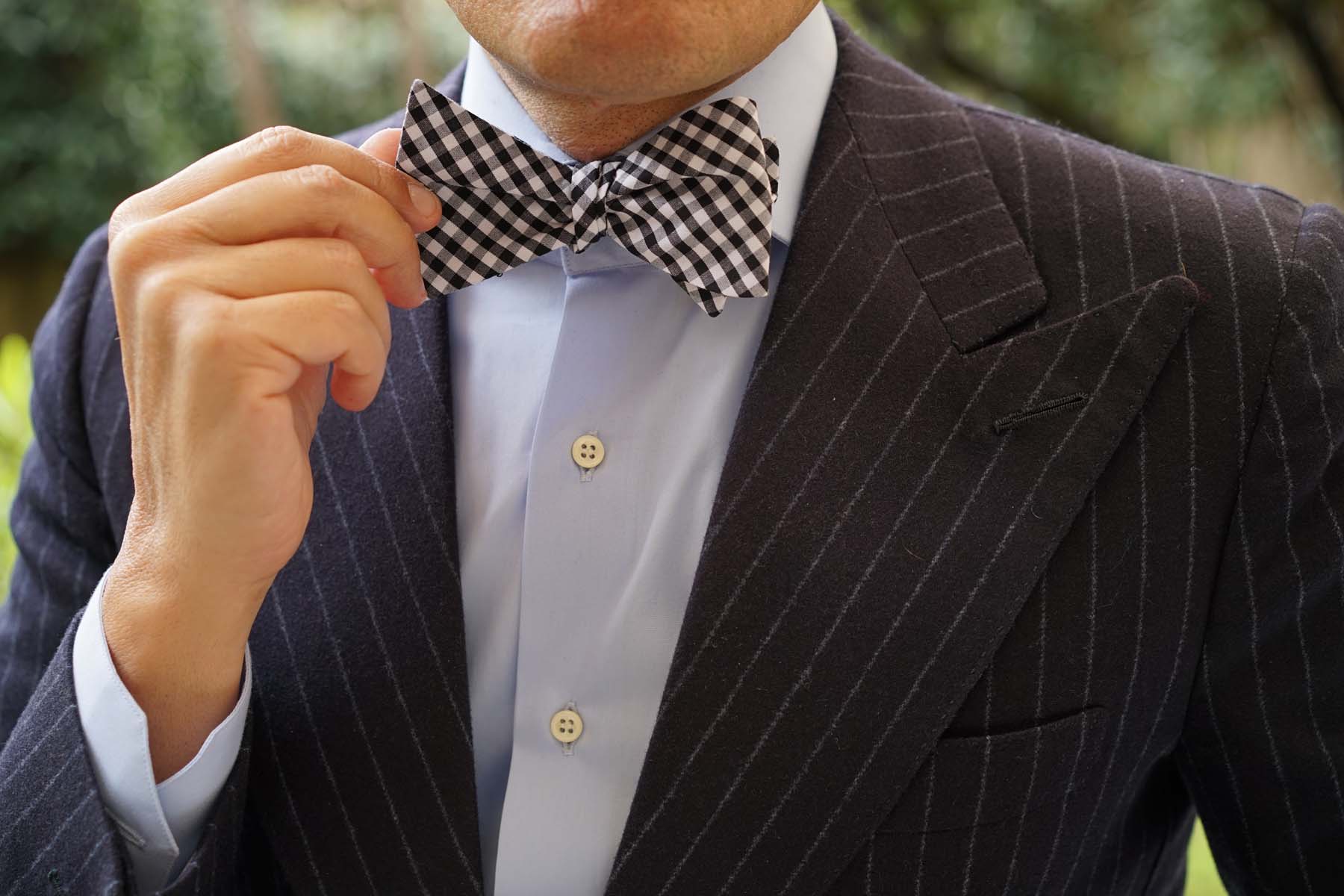 Black and White Gingham Cotton Self Tie Bow Tie - Image 9