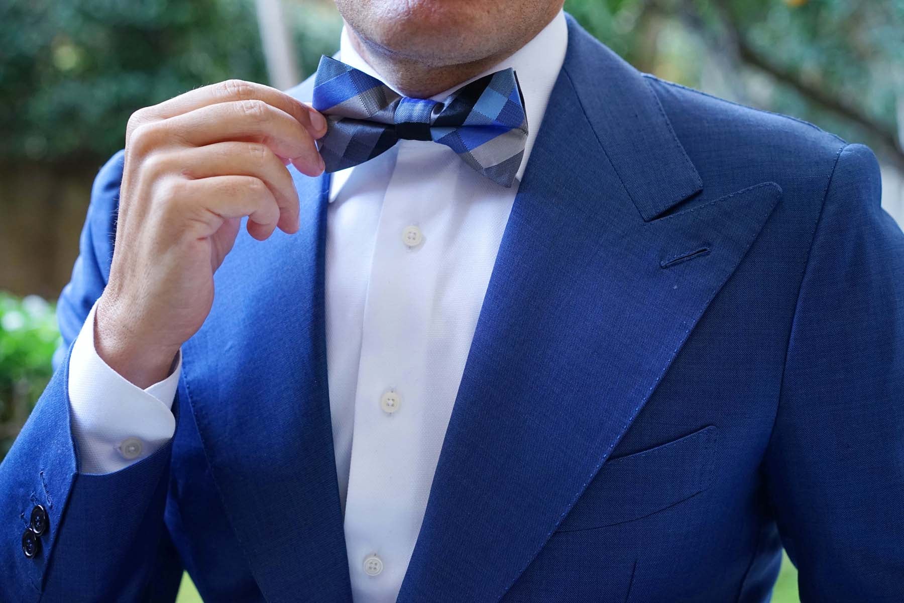 Black Grey Silver Blue Pattern Bow Tie - Image 6