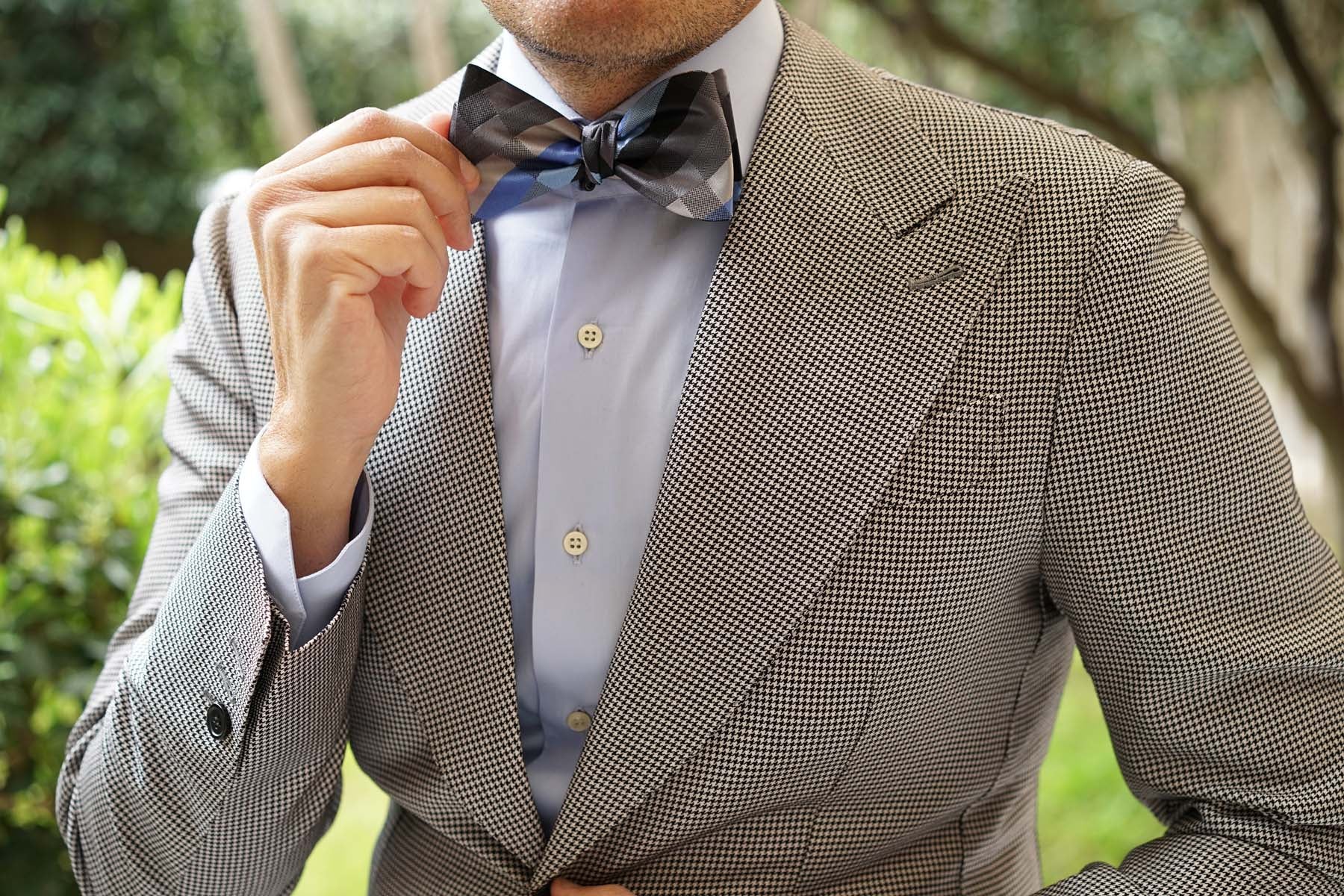 Black Grey Silver Blue Pattern Bow Tie Untied - Image 6