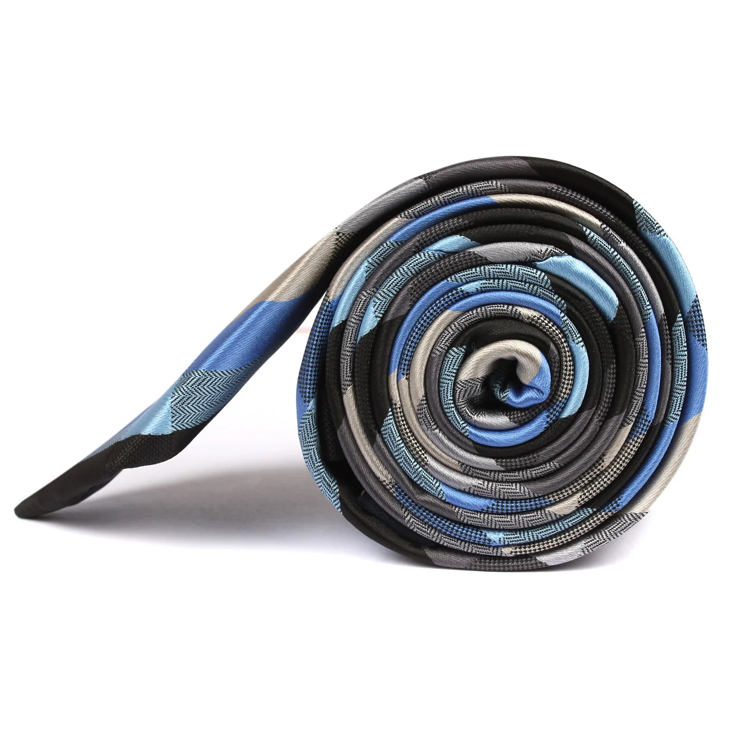 Black Grey Silver Blue Pattern Skinny Tie - Image 3
