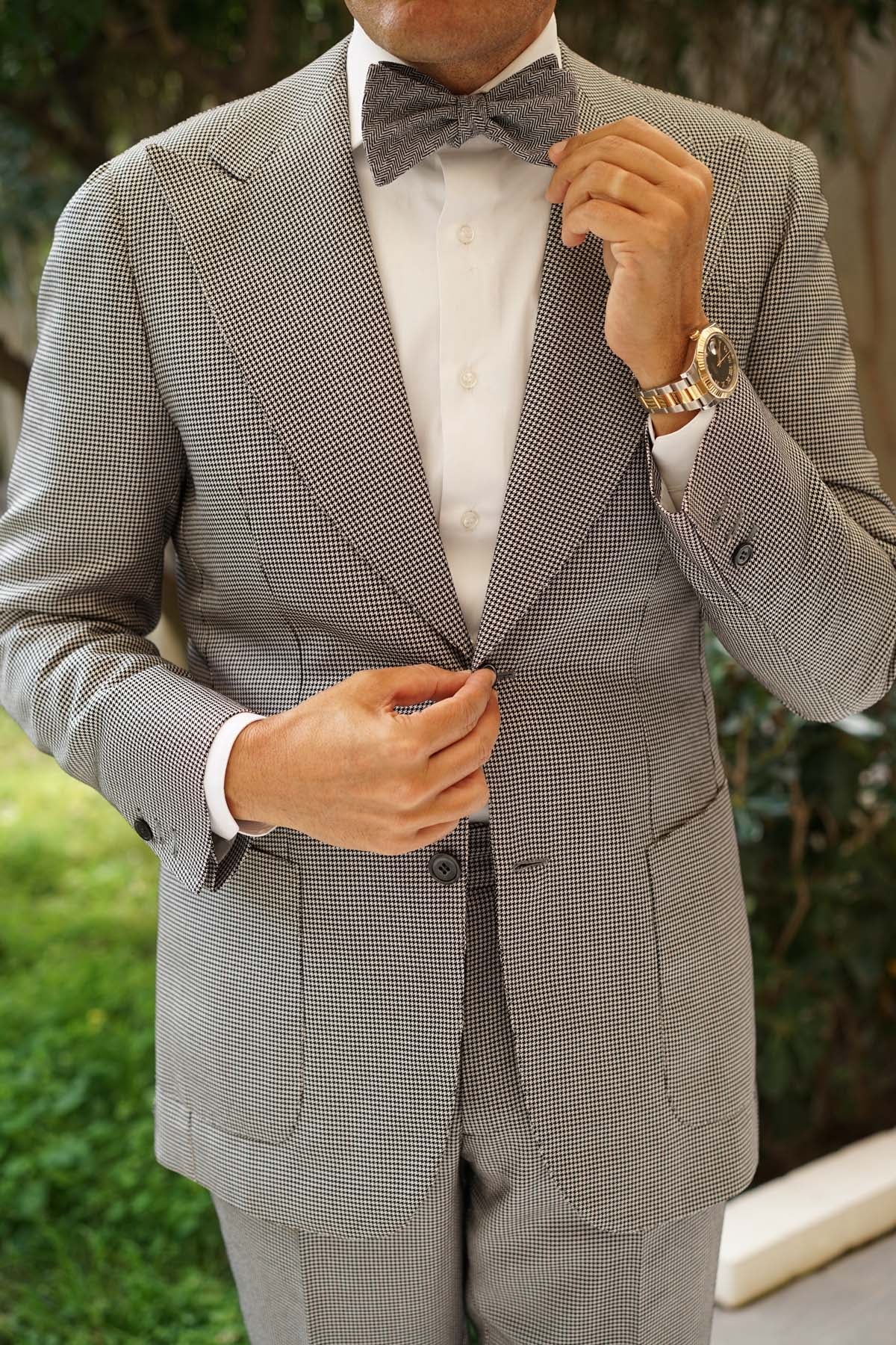 Black Herringbone Linen Self Tie Bow Tie - Image 9