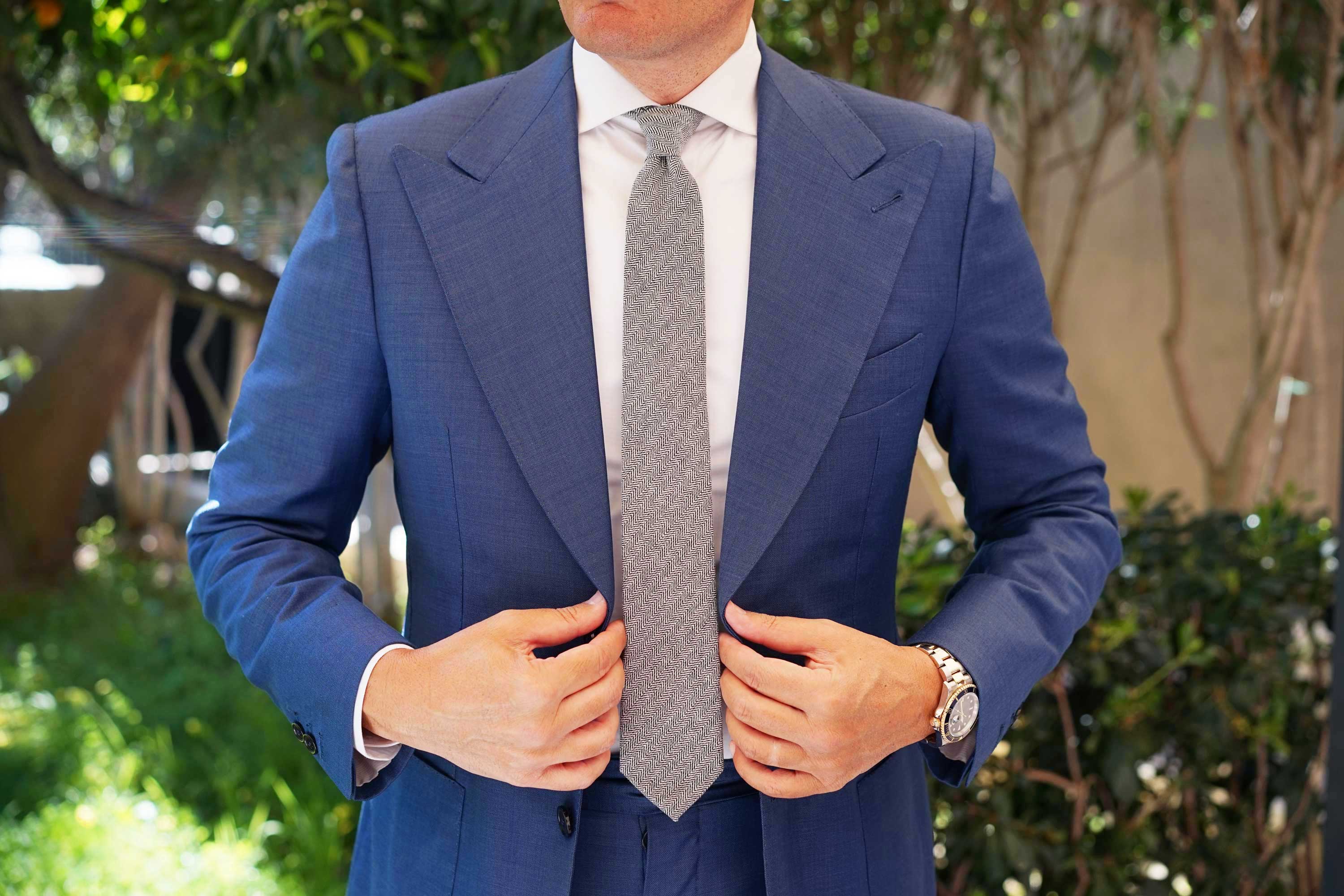 Black Herringbone Linen Skinny Tie - Image 9