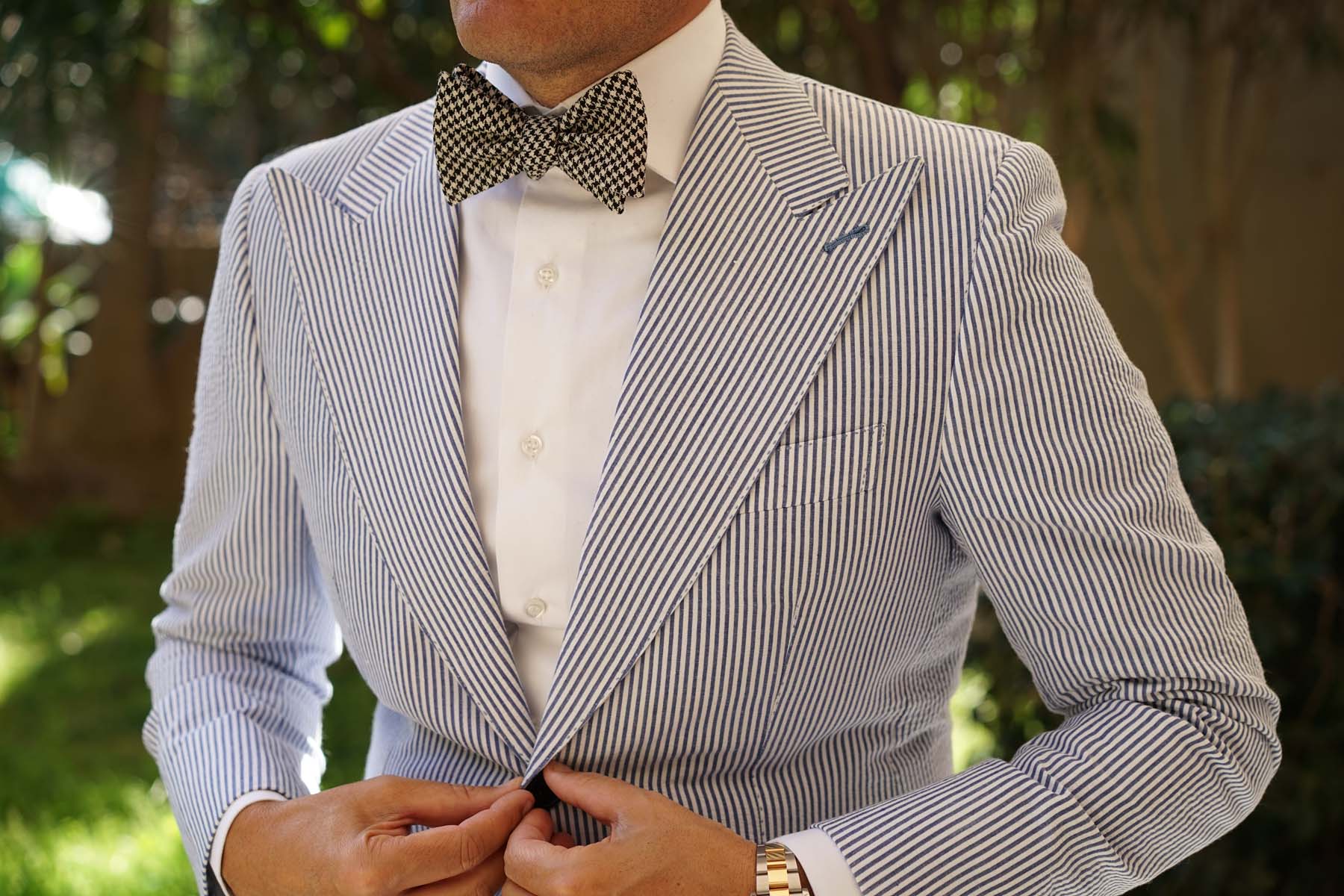 Black Houndstooth Spider Linen Self Bow Tie - Image 4