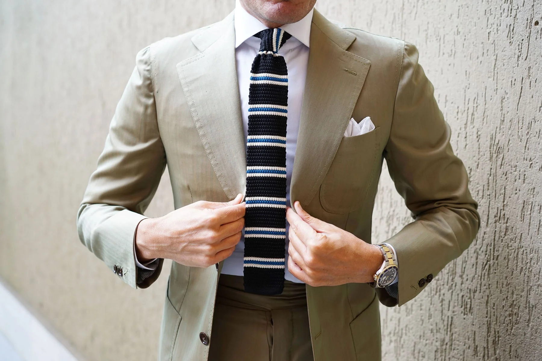 Black Knitted Tie with White & Blue Teal Stripes - Image 14