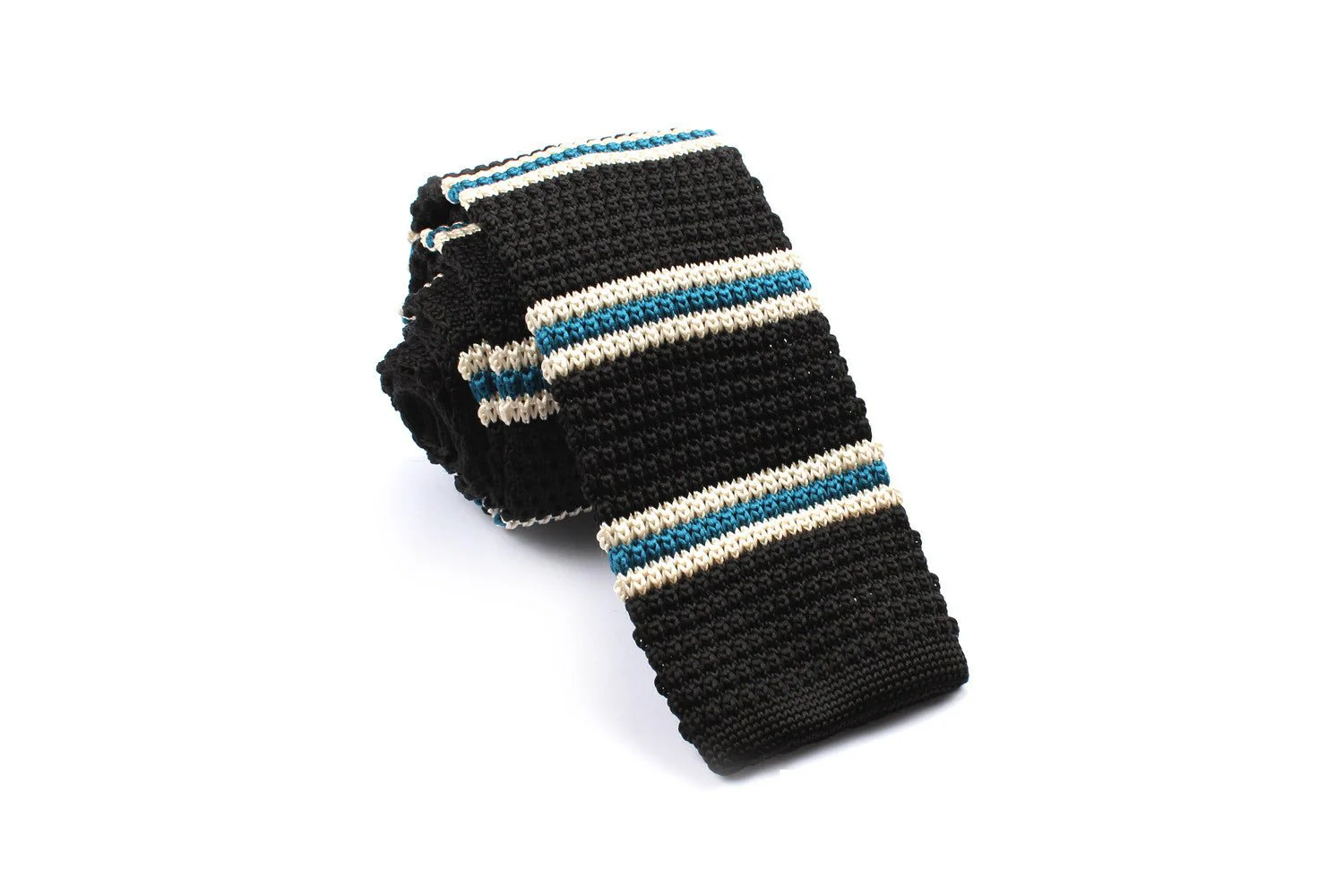 Black Knitted Tie with White & Blue Teal Stripes - Image 5