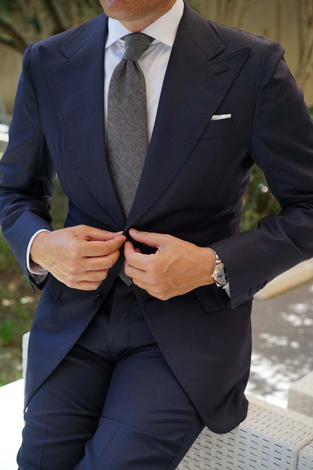 Black Needle Stitch Linen Necktie - Image 10