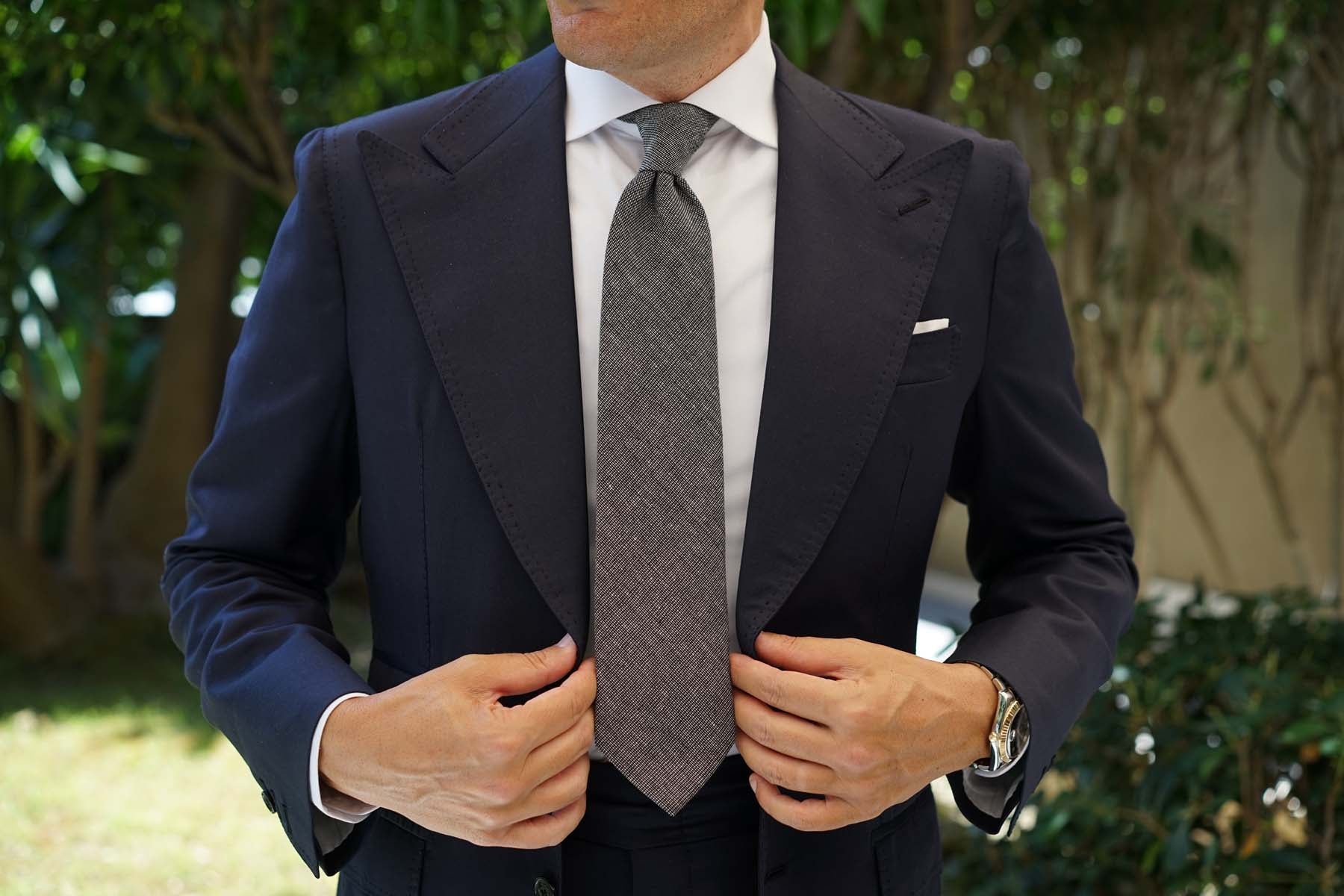 Black Needle Stitch Linen Necktie - Image 4