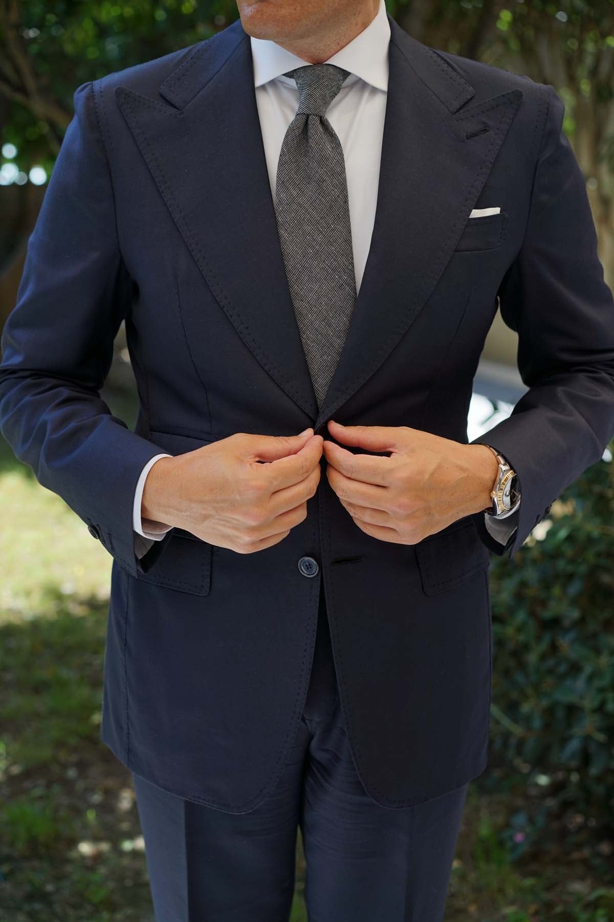 Black Needle Stitch Linen Necktie - Image 5