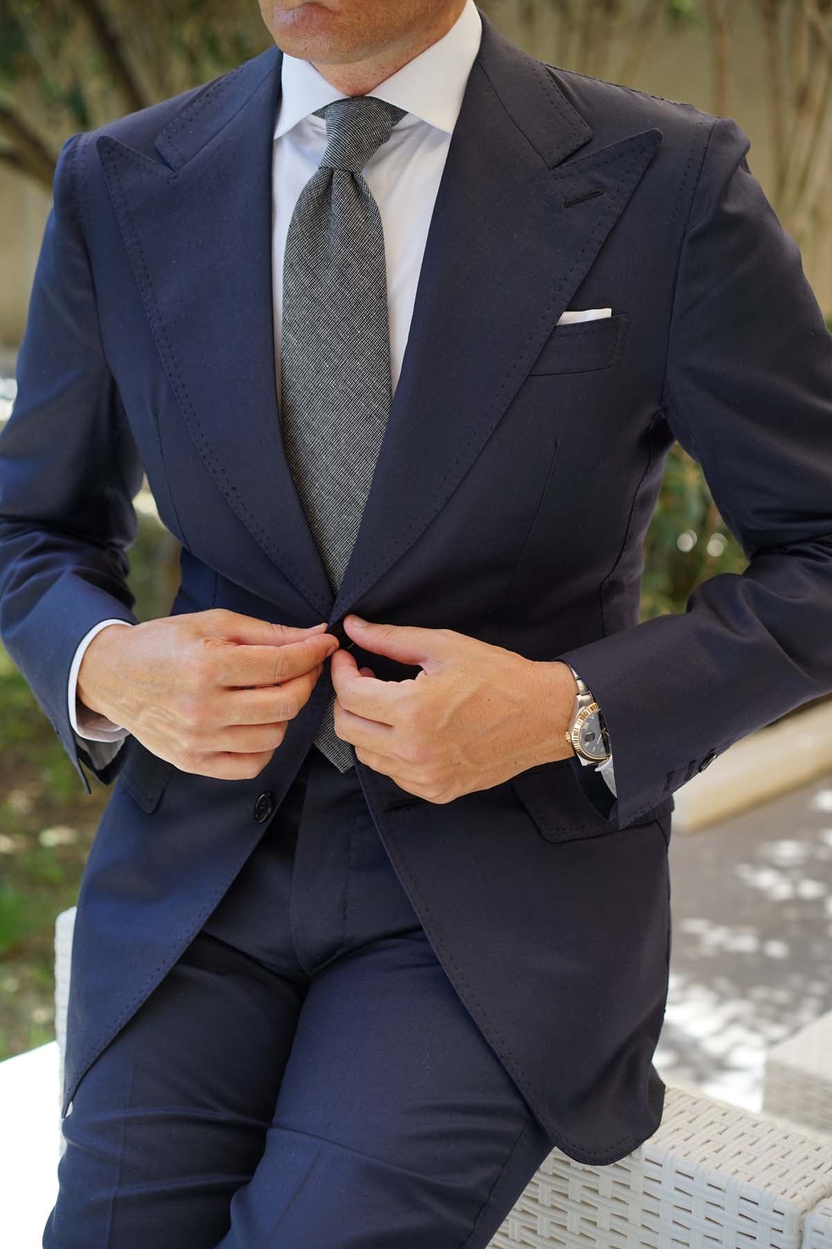 Black Needle Stitch Linen Necktie - Image 7