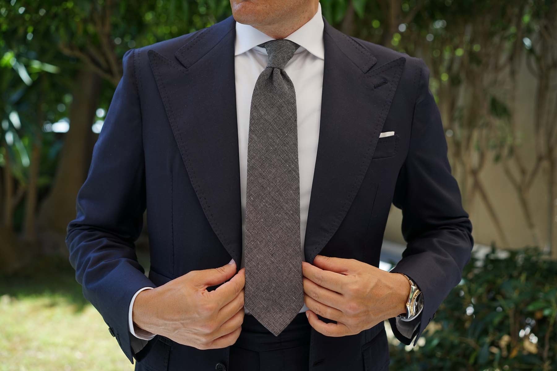 Black Needle Stitch Linen Necktie - Image 9