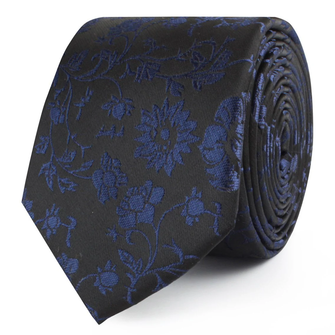 Navy Blue on Black Vine Floral Skinny Tie - Image 2