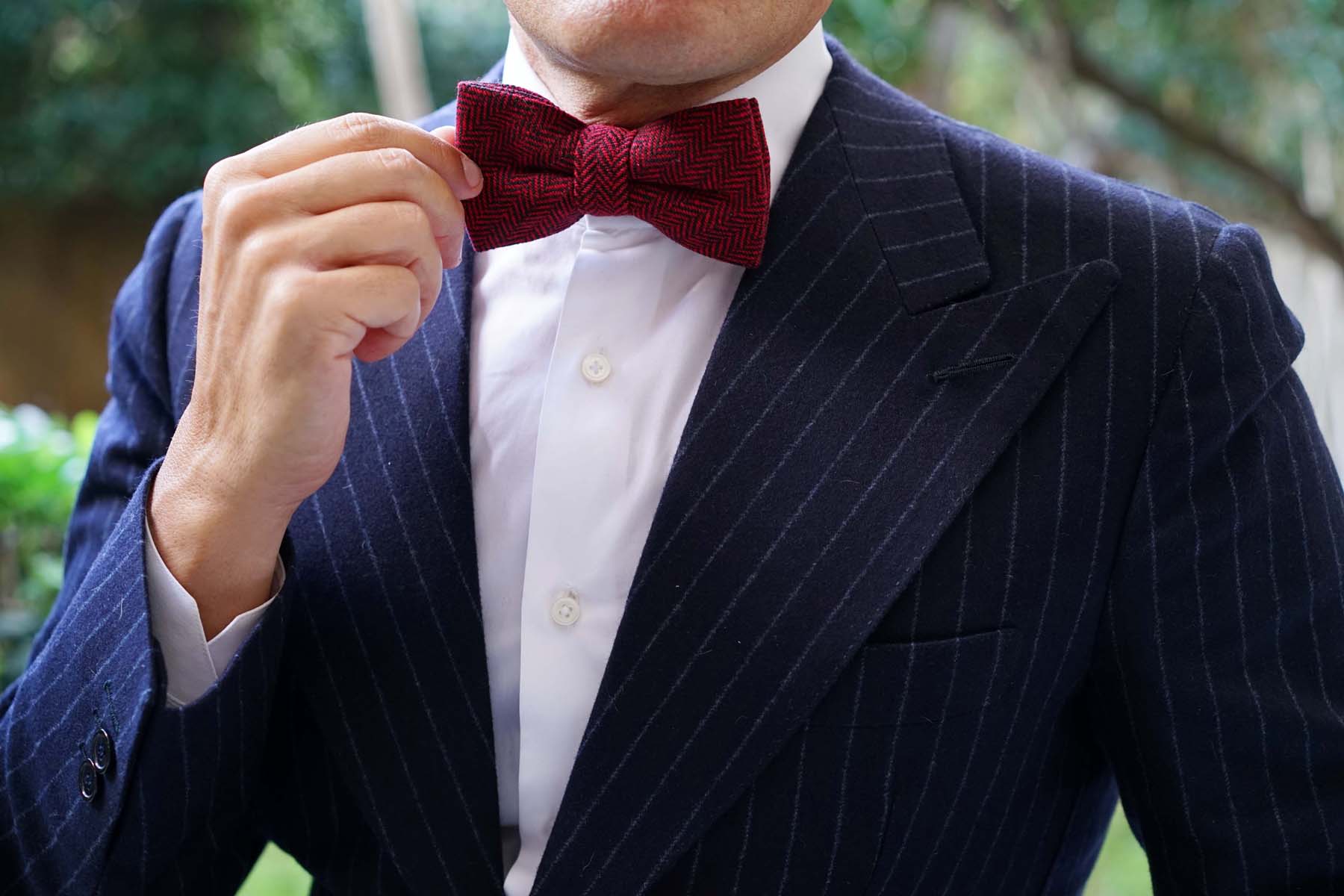 Black & Red Herringbone Wool Bow Tie - Image 8