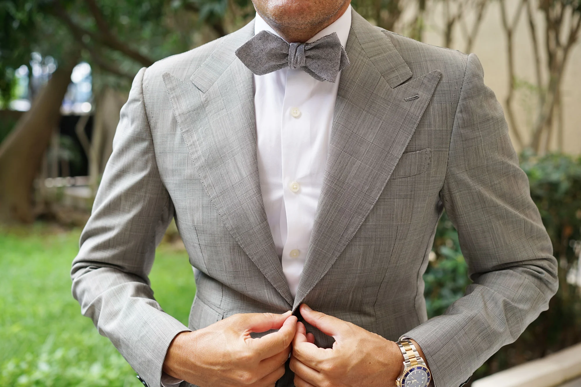 Black Tweed Linen Stitching Self Tie Diamond Bow Tie - Image 3
