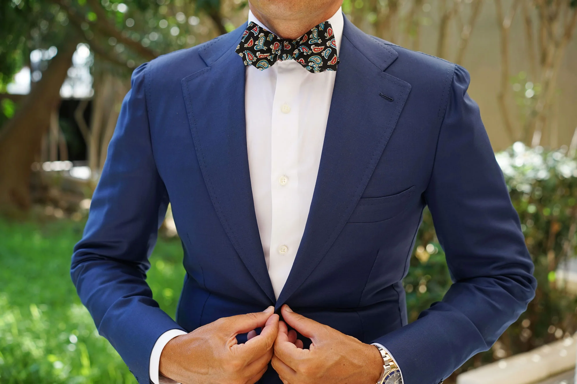 Black Twisted Teardrop Paisley Diamond Self Bow Tie - Image 4