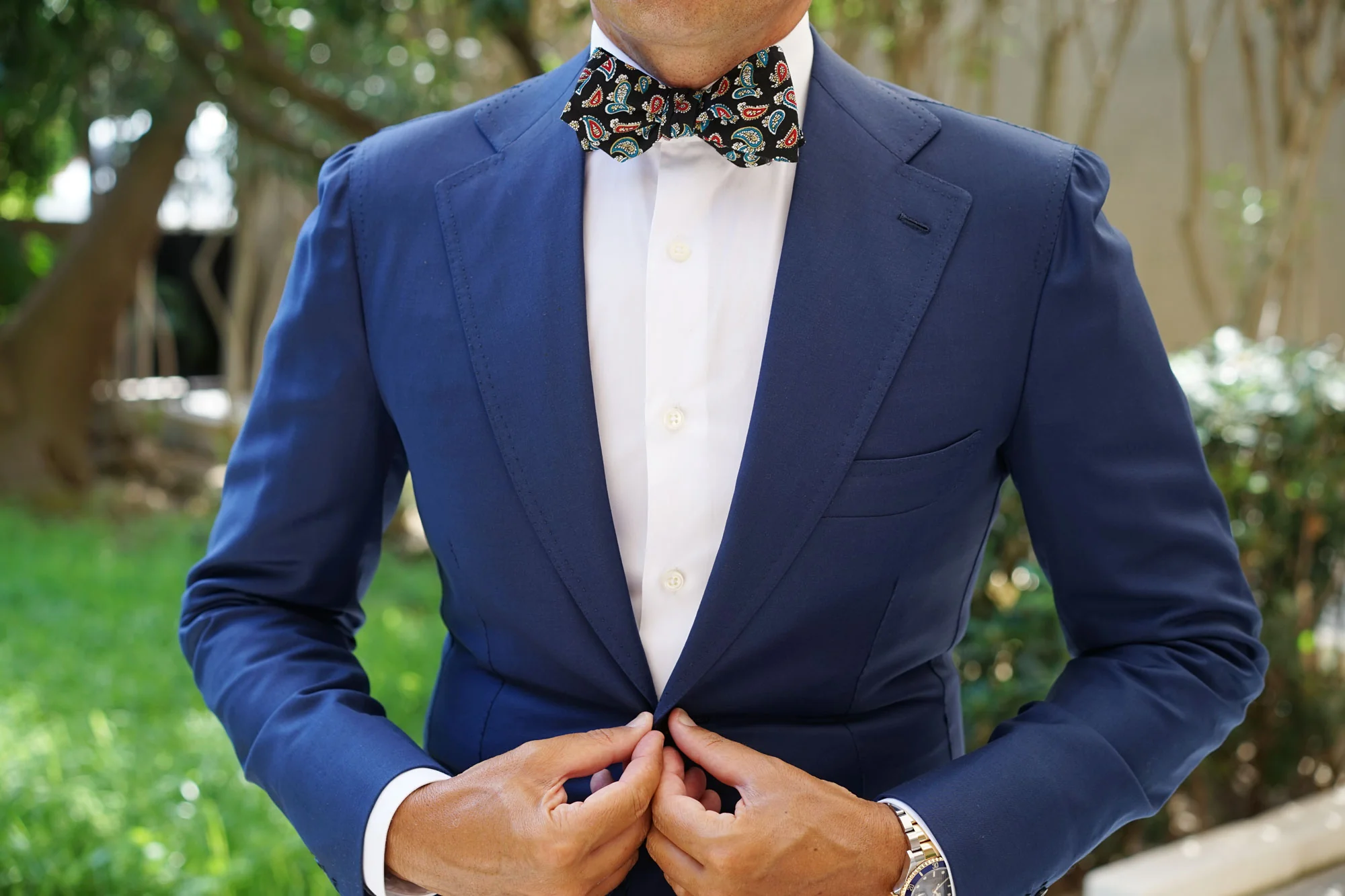 Black Twisted Teardrop Paisley Diamond Self Bow Tie - Image 7