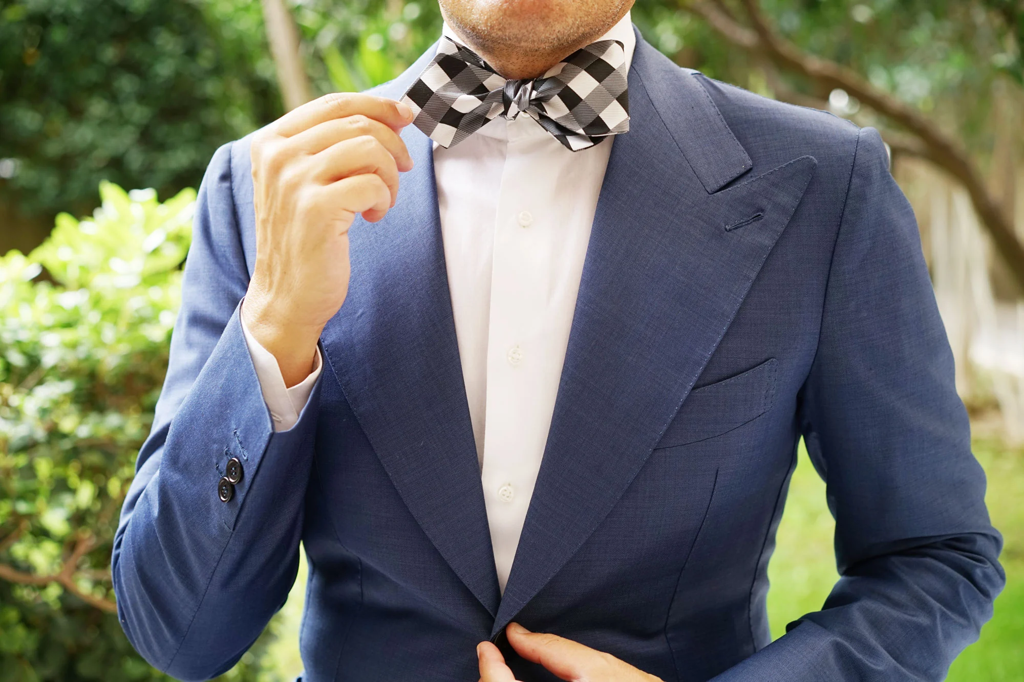 Black White Grey Checkered Self Tie Diamond Tip Bow Tie - Image 7