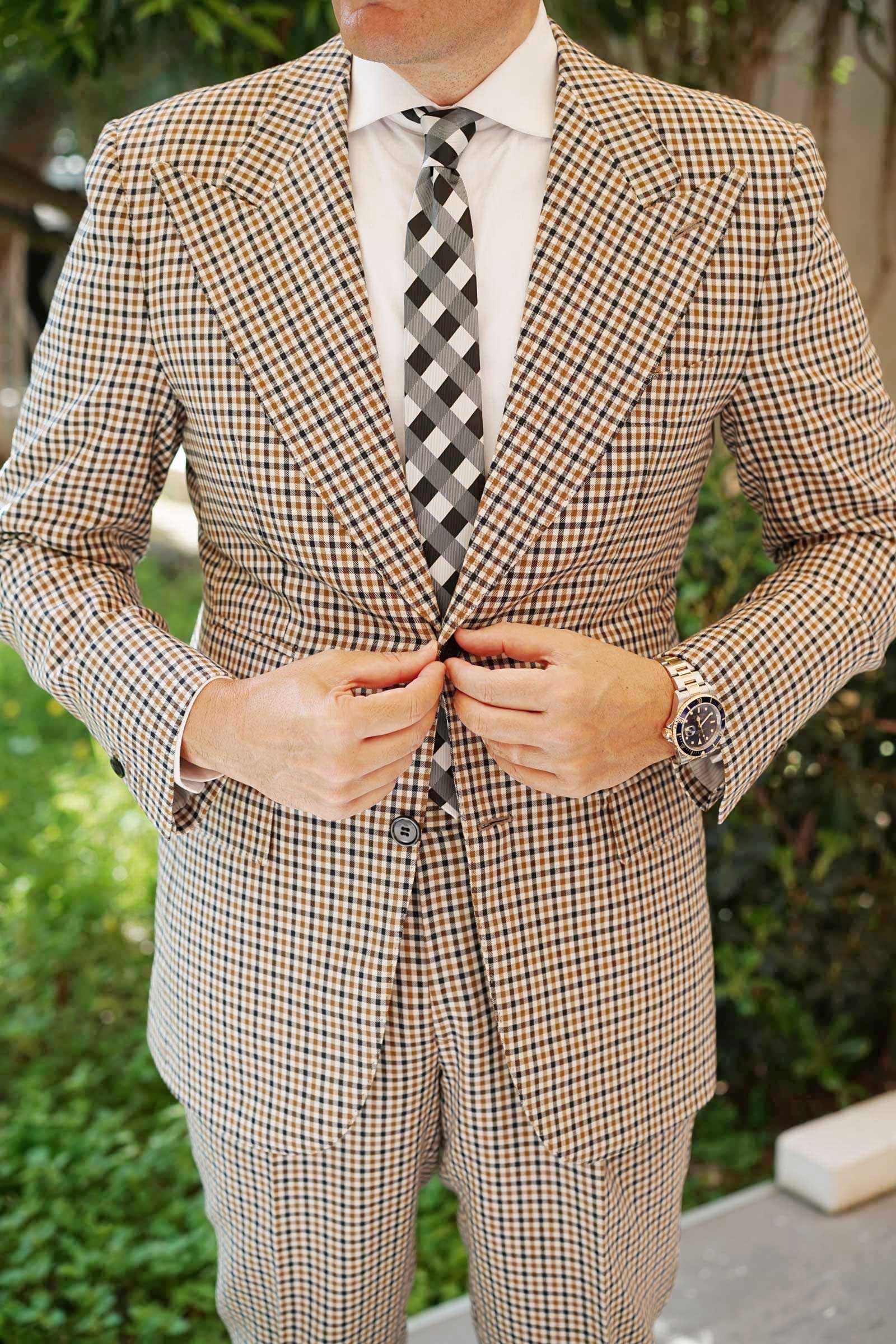 Black White Grey Checkered Skinny Tie - Image 7