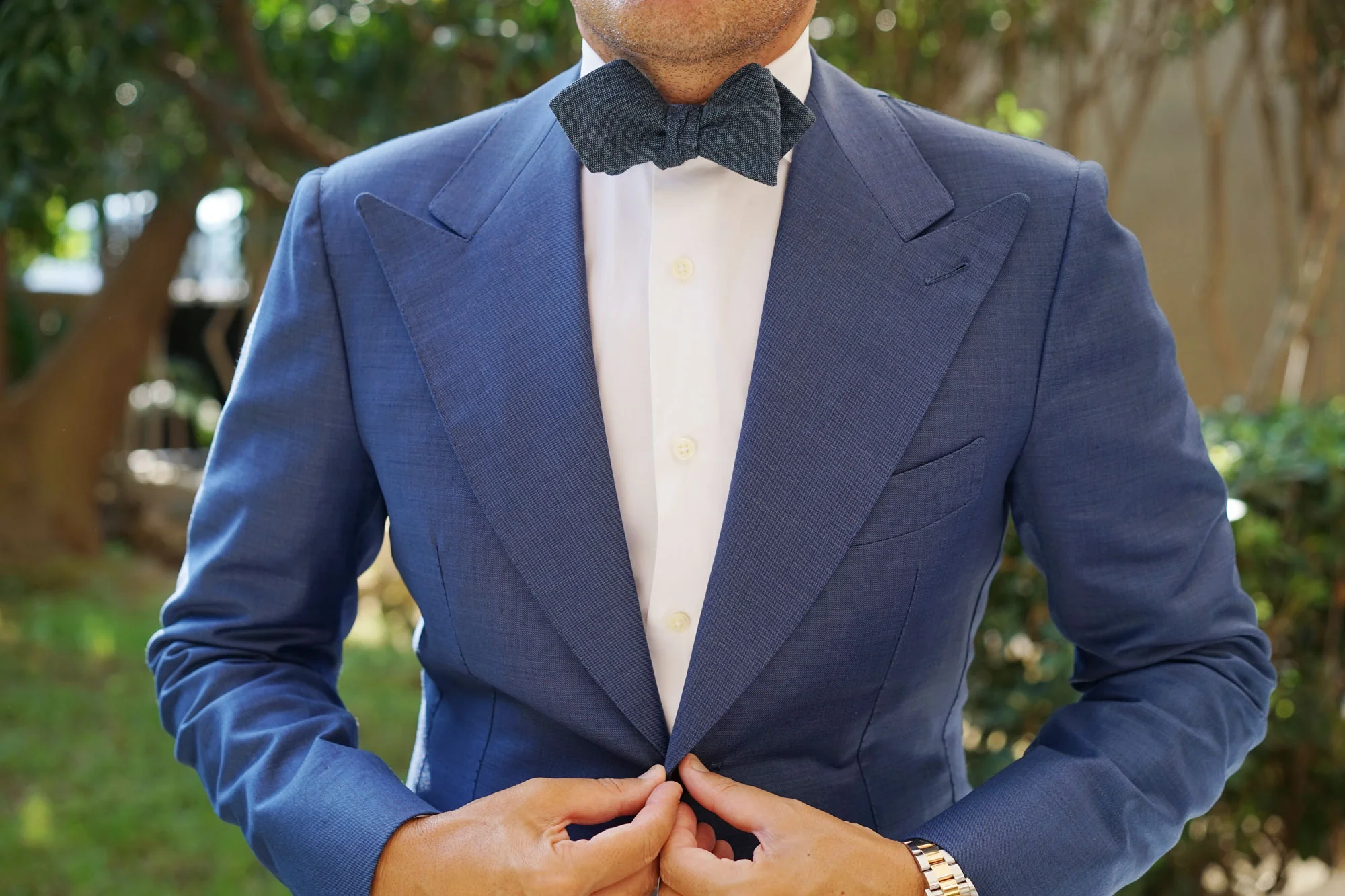 Blue & Black Textured Linen Blend Diamond Self Bow Tie - Image 4