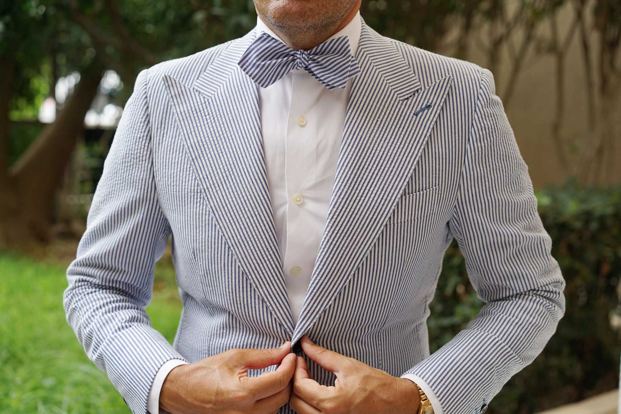 Blue Chalk Stripes Cotton Self Tie Diamond Bow Tie - Image 2
