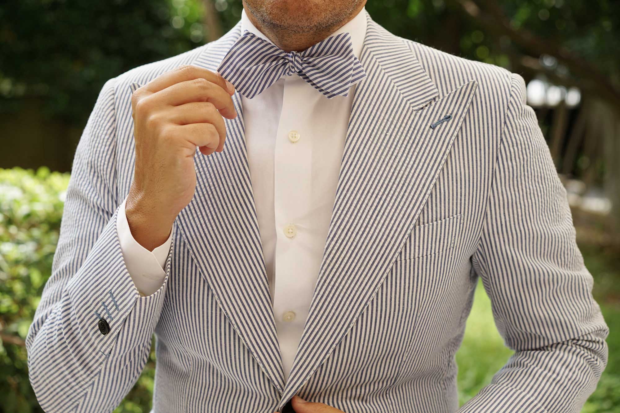 Blue Chalk Stripes Cotton Self Tie Diamond Bow Tie - Image 5