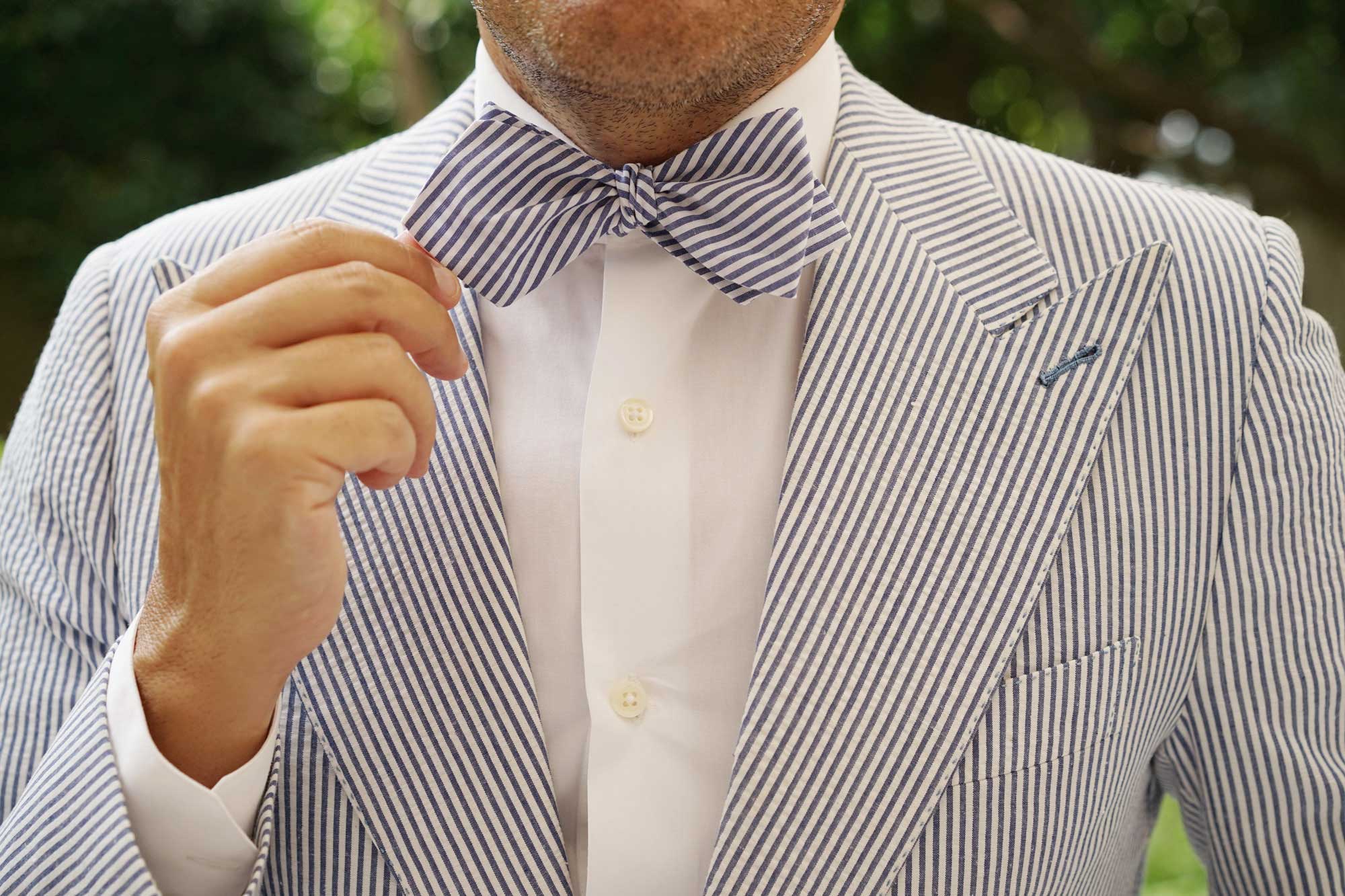 Blue Chalk Stripes Cotton Self Tie Diamond Bow Tie - Image 6