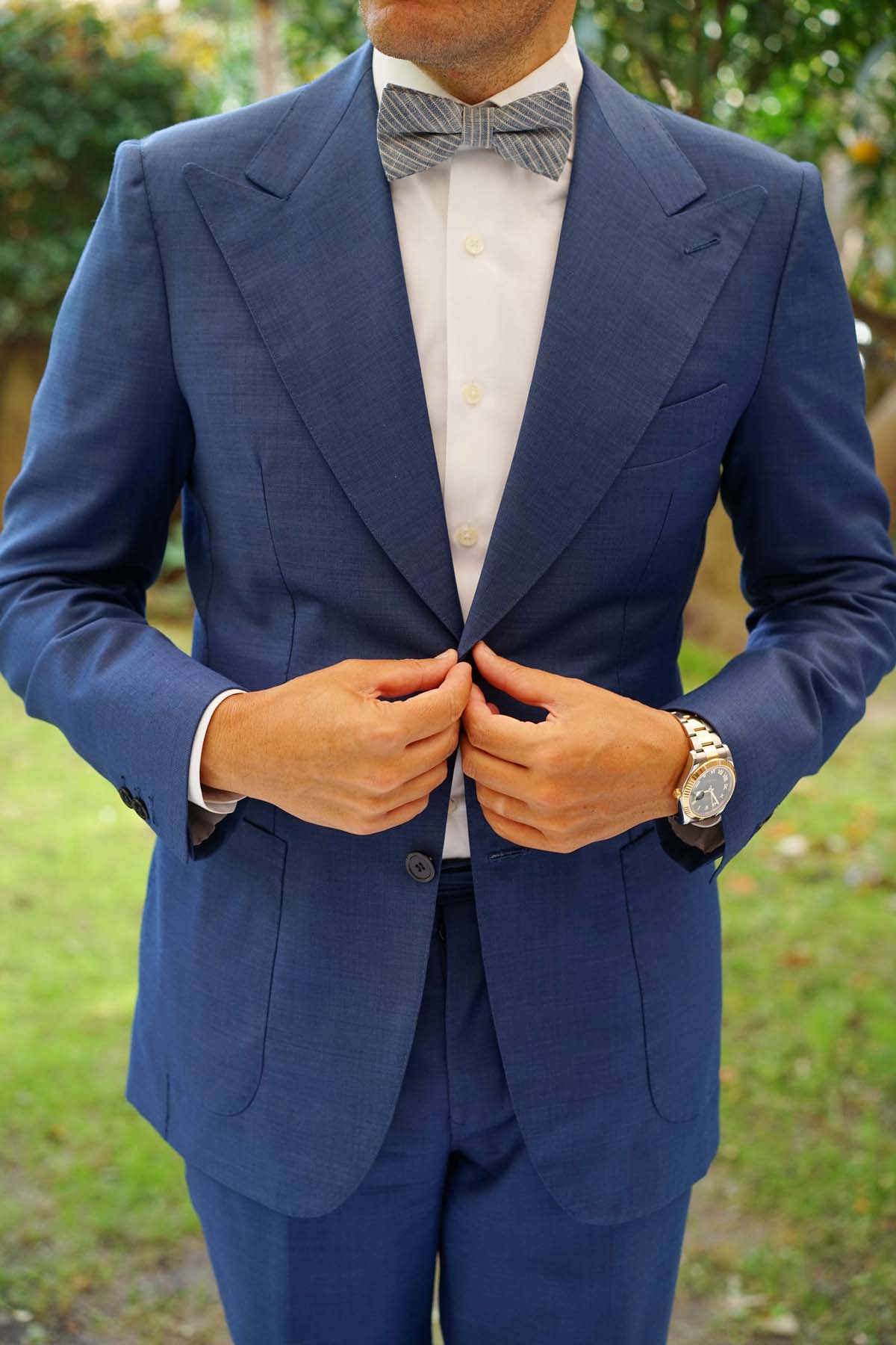 Blue Dry Cold Linen Pinstripe Bow Tie - Image 10