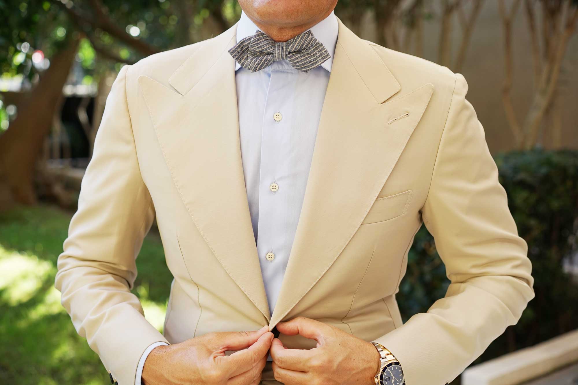Blue Dry Cold Linen Pinstripe Diamond Bow Tie - Image 3