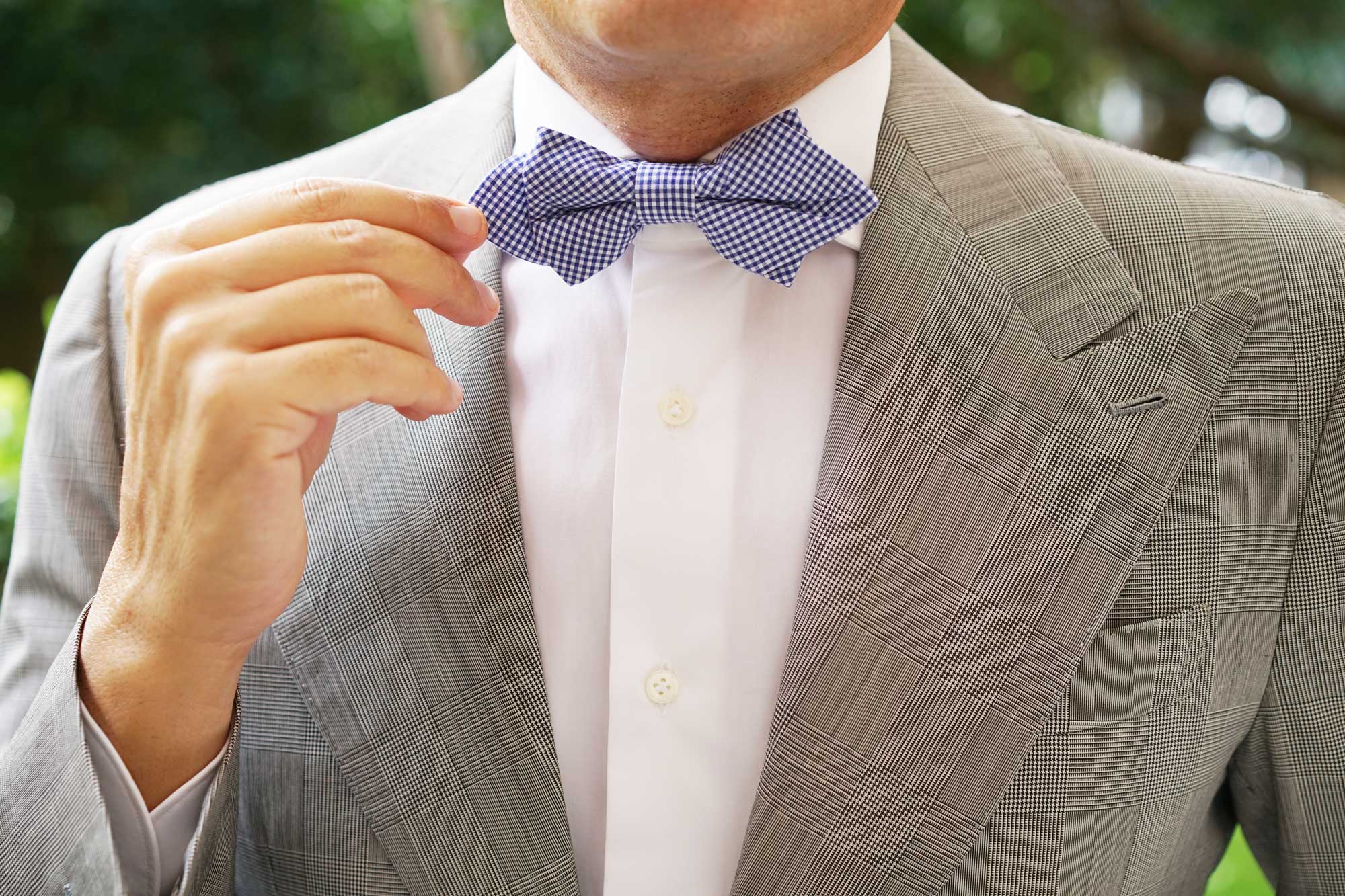 Blue Gingham Cotton Diamond Bow Tie - Image 6