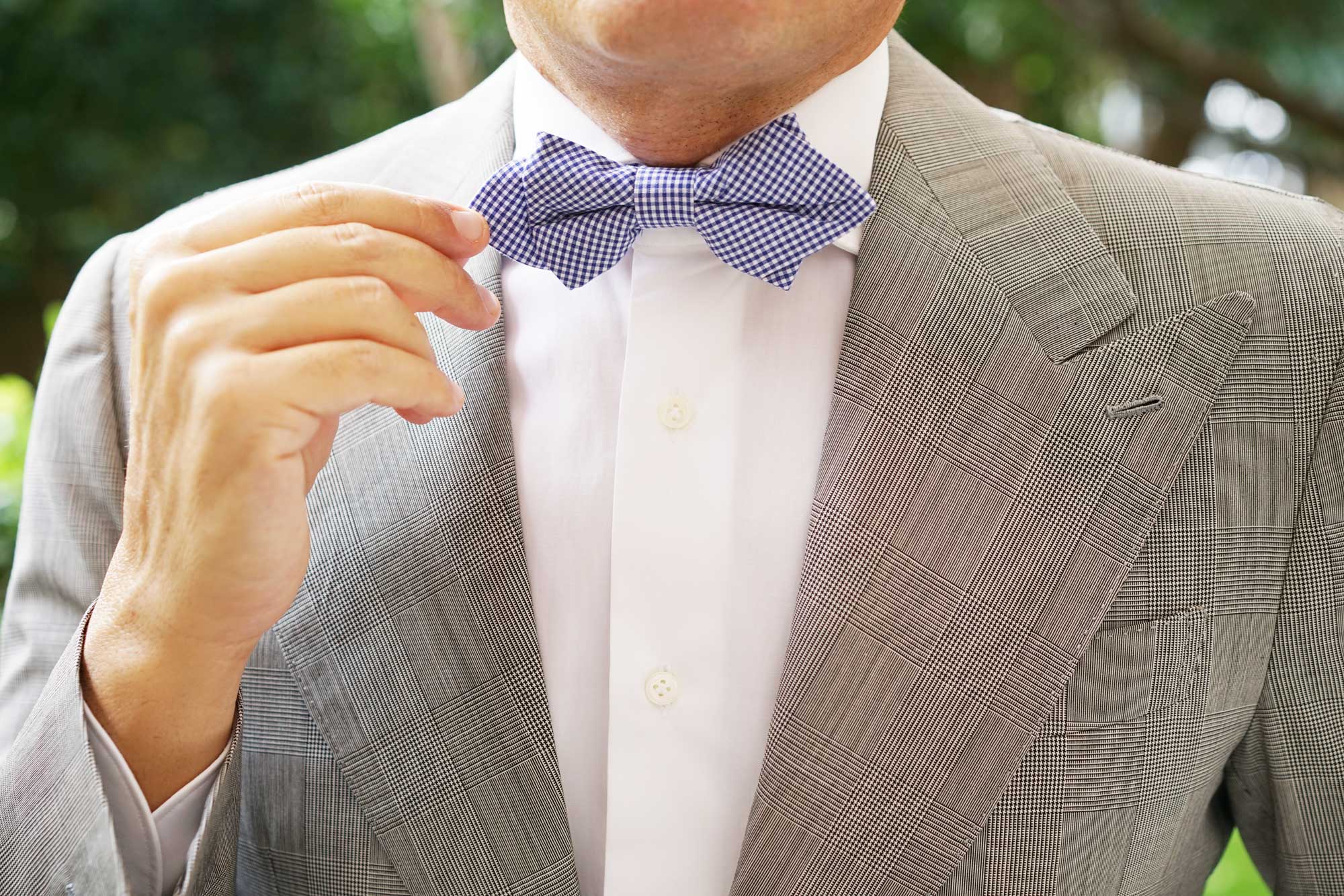 Blue Gingham Cotton Diamond Bow Tie - Image 7