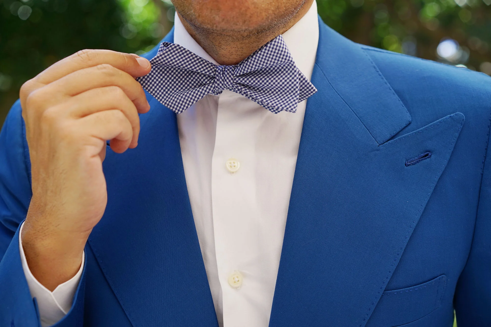Blue Gingham Cotton Self Tie Diamond Bow Tie - Image 8
