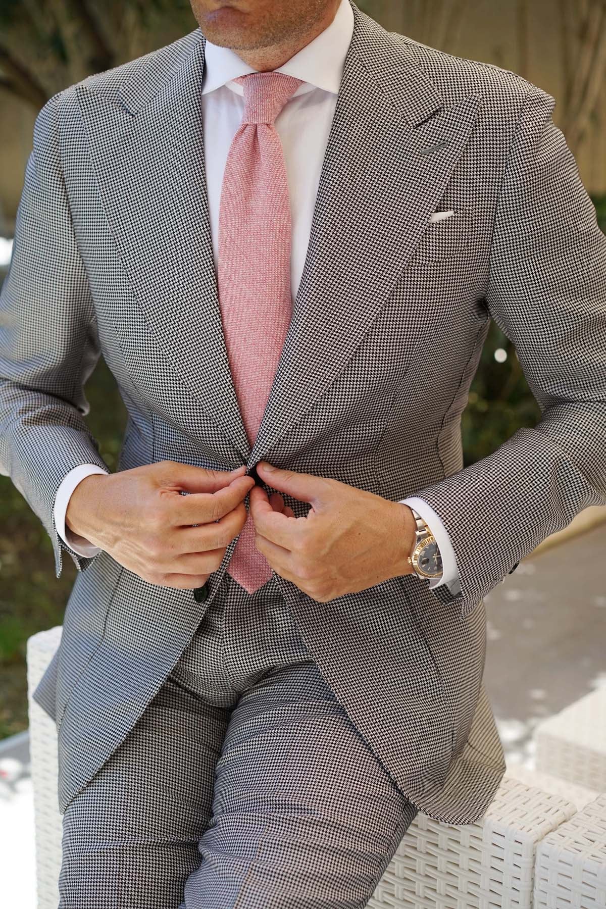 Blush Red Slub Linen Necktie - Image 10