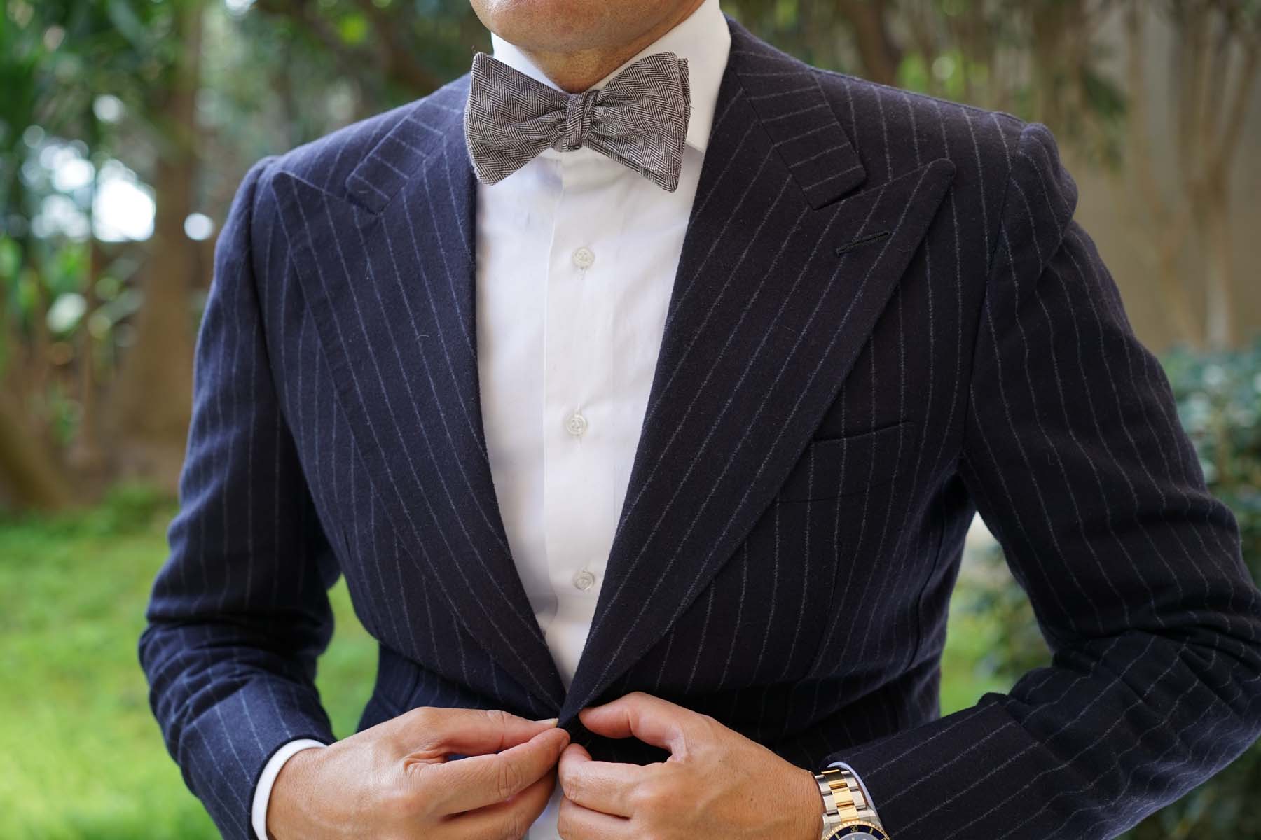 Brown Herringbone Linen Self Tie Bow Tie - Image 5