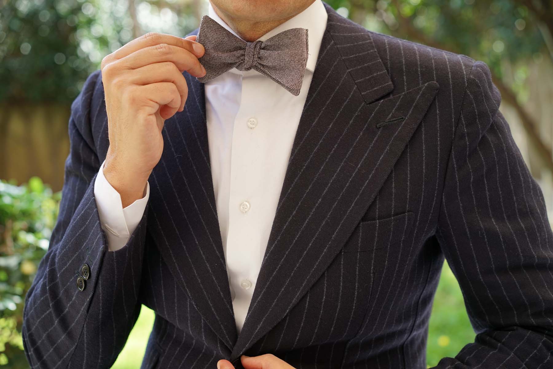 Brown Herringbone Linen Self Tie Bow Tie - Image 7