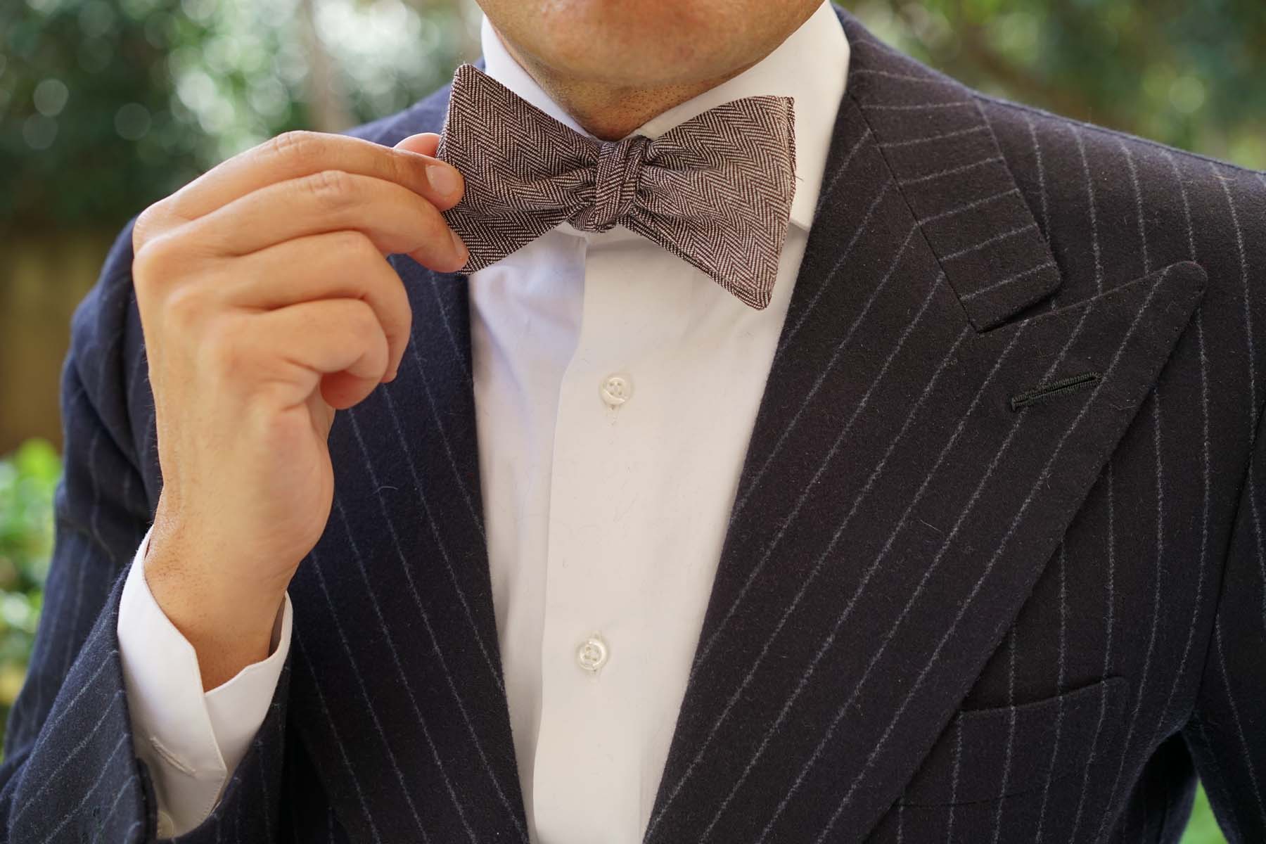 Brown Herringbone Linen Self Tie Bow Tie - Image 8