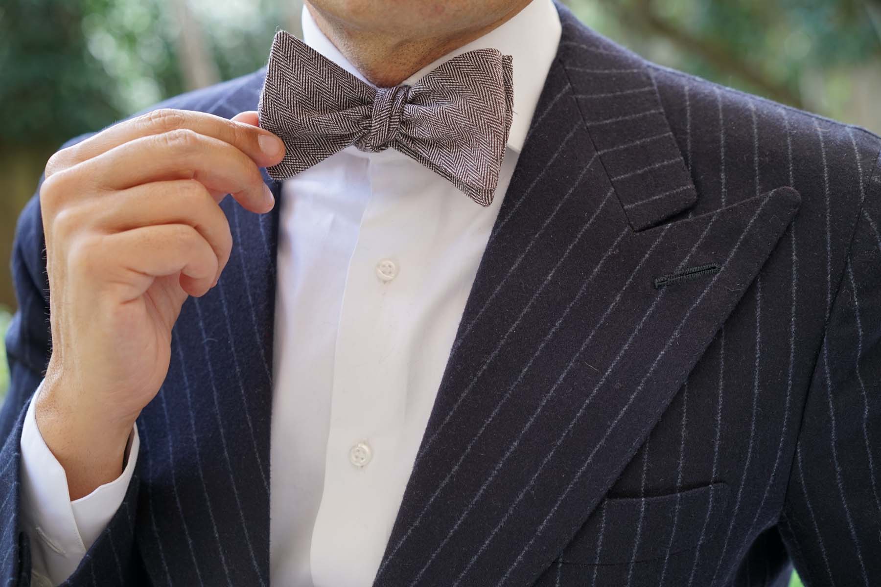 Brown Herringbone Linen Self Tie Bow Tie - Image 9